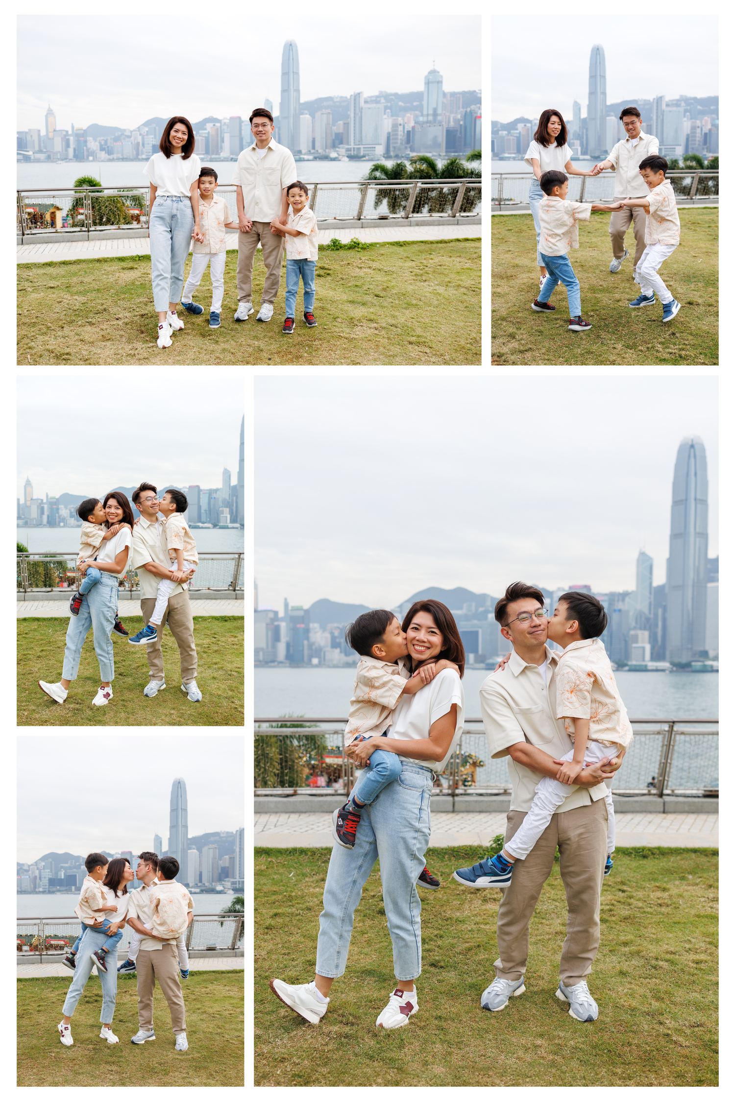 Family wearing white and beige outfits pose and play together against Hong Kong skyline at sunset. Hong Kong Family Photographer