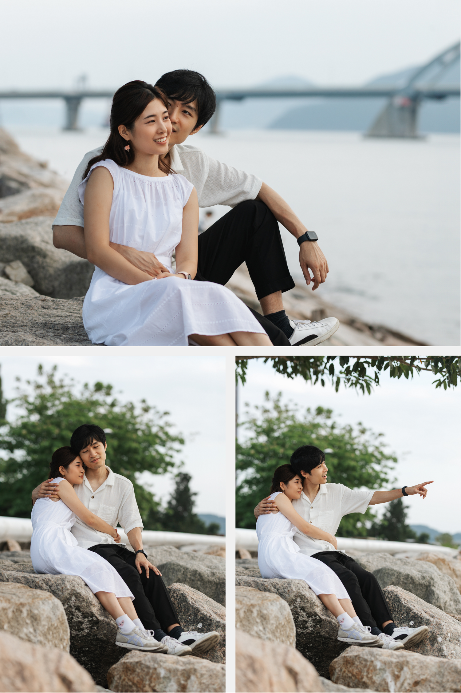A couple sits together intimately on coastal rocks at sunset in coordinating white and black outfits. Couple Photoshoot in Hong Kong