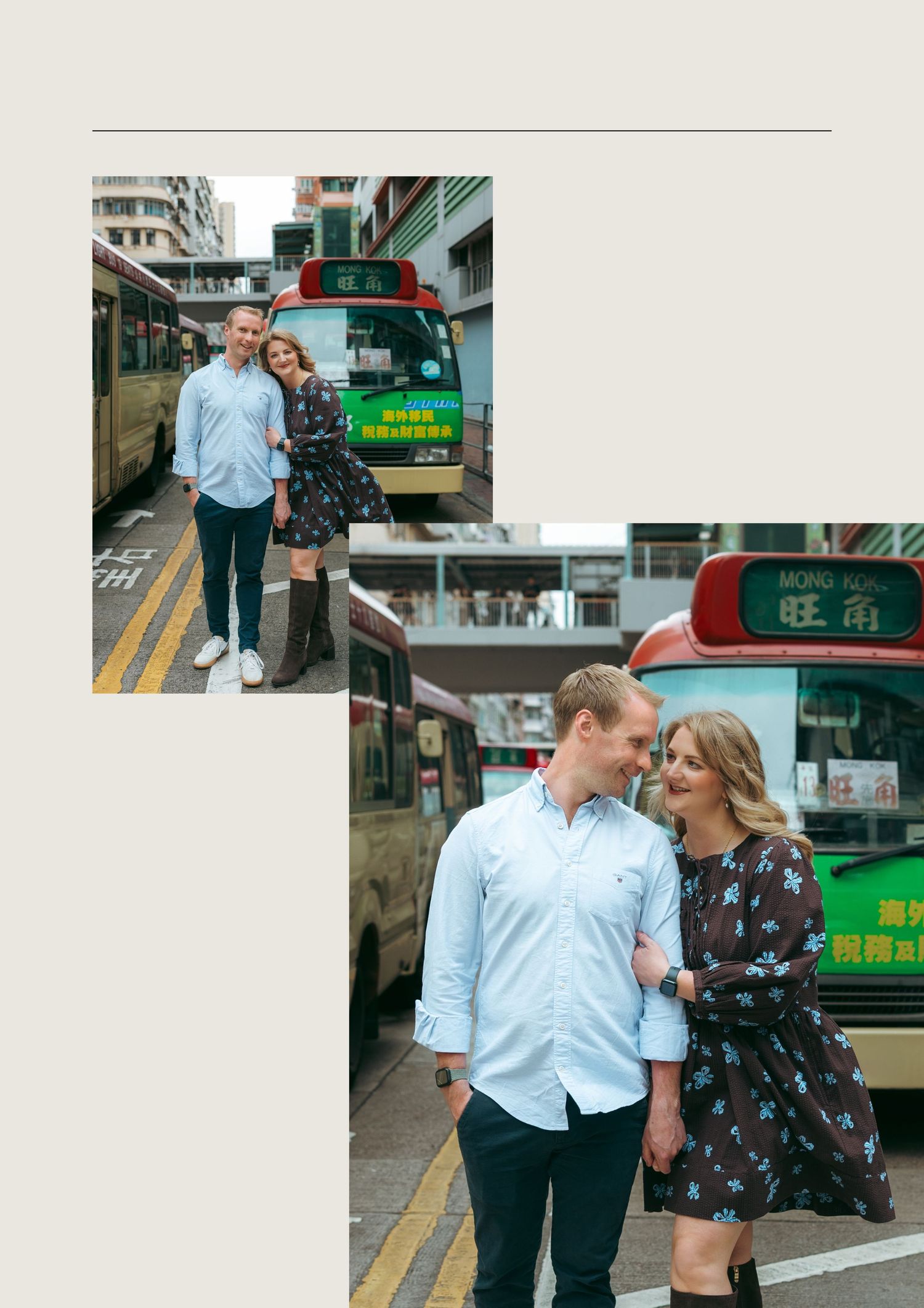 Couple posing together in front of colorful buses on a Hong Kong street, woman in floral dress and man in blue shirt. couple session in HK