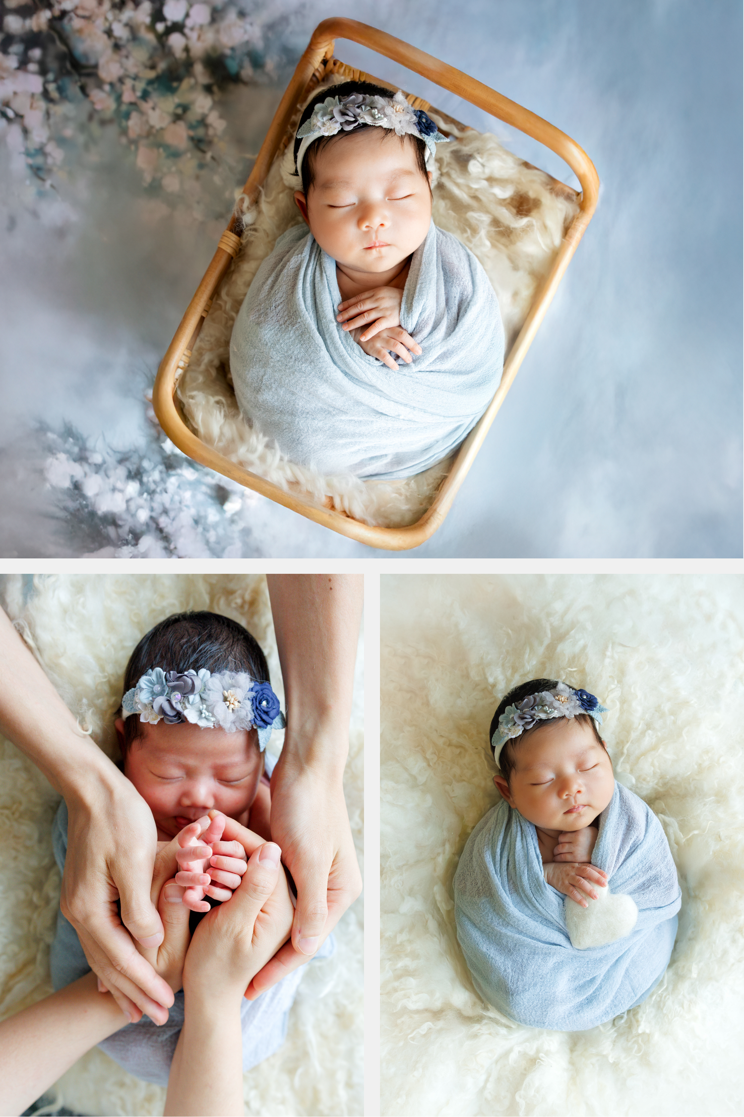 Newborn baby swaddled in soft blue fabric wearing headband photographed from above in wooden basket and on white blanket. Newborn Photograph