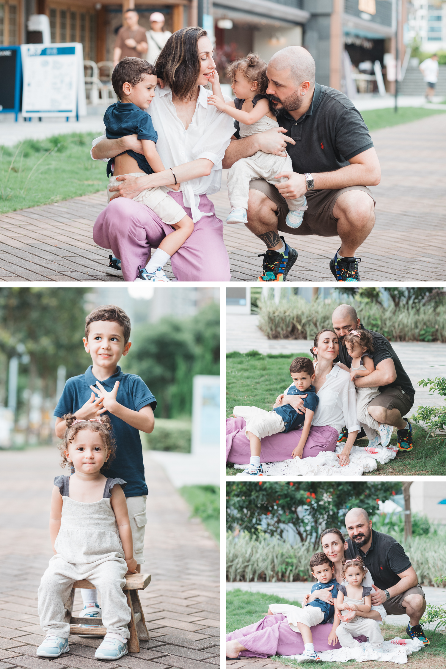 Family enjoying quality time together outdoors on a sunny day, sitting on pink blanket in urban park setting. Family Photographer in HK