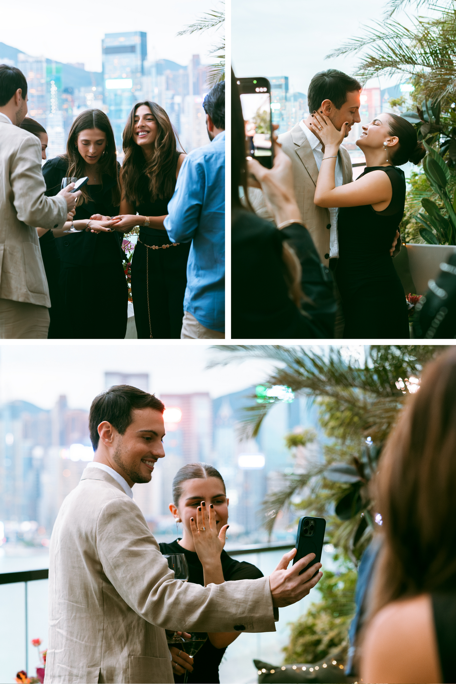 Couple celebrates engagement in Hong Kong, sharing a kiss while friends photograph the romantic moment inRosewood Hong Kong, Pre Wedding