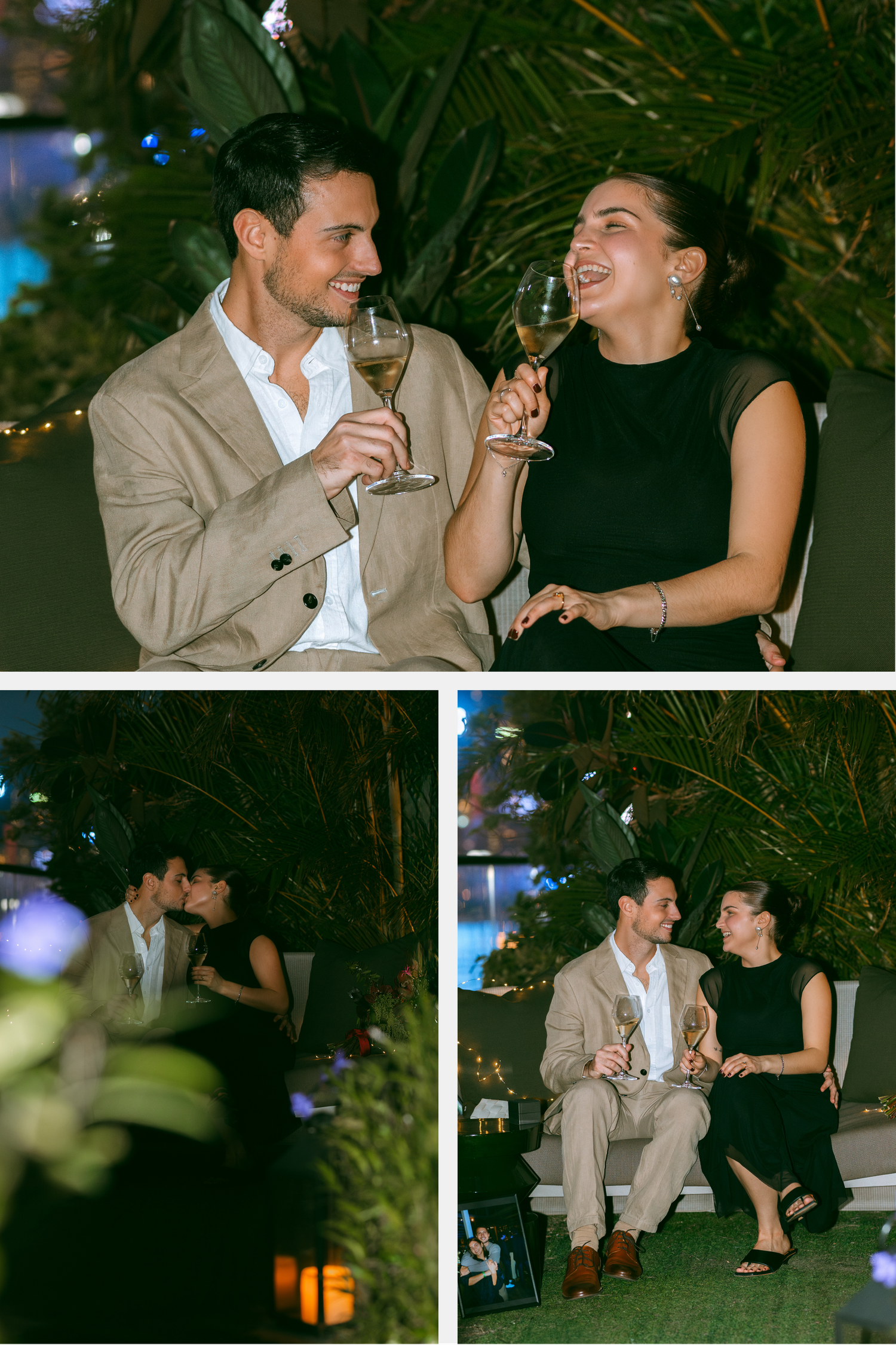 Couple toasting with champagne glasses at an elegant outdoor proposal or engagement in Rosewood Hong Kong. Pre Wedding in Hong Kong