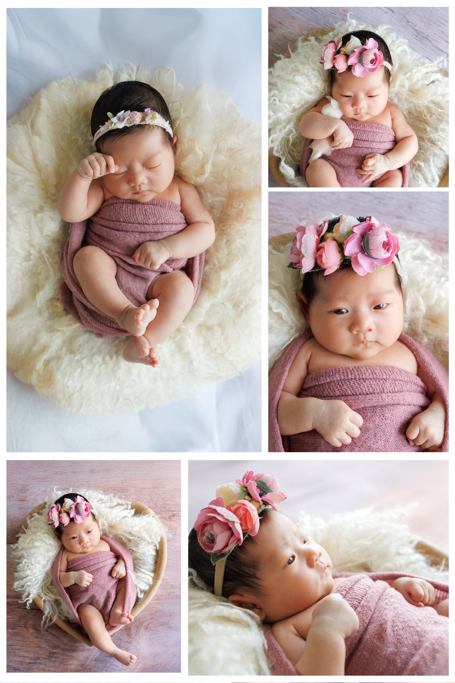 Newborn photography collage featuring baby in pink outfit on cream fur backdrop with floral headband accessories. Newborn Photography in HK