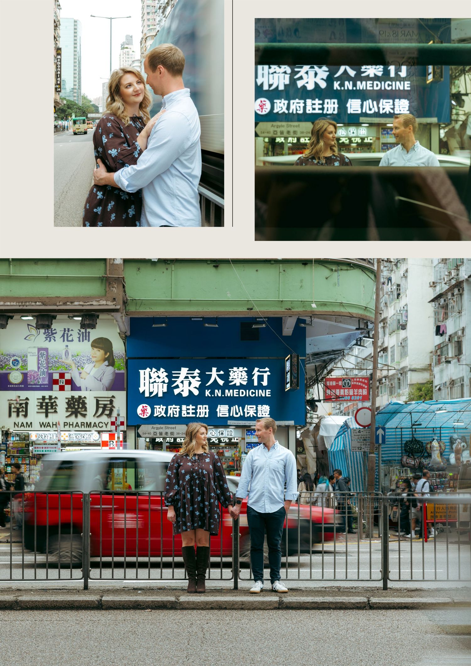 Couple posing romantically on a busy Hong Kong street surrounded by Chinese signs and a red taxi. couple session in Hong Kong. Pre Wedding