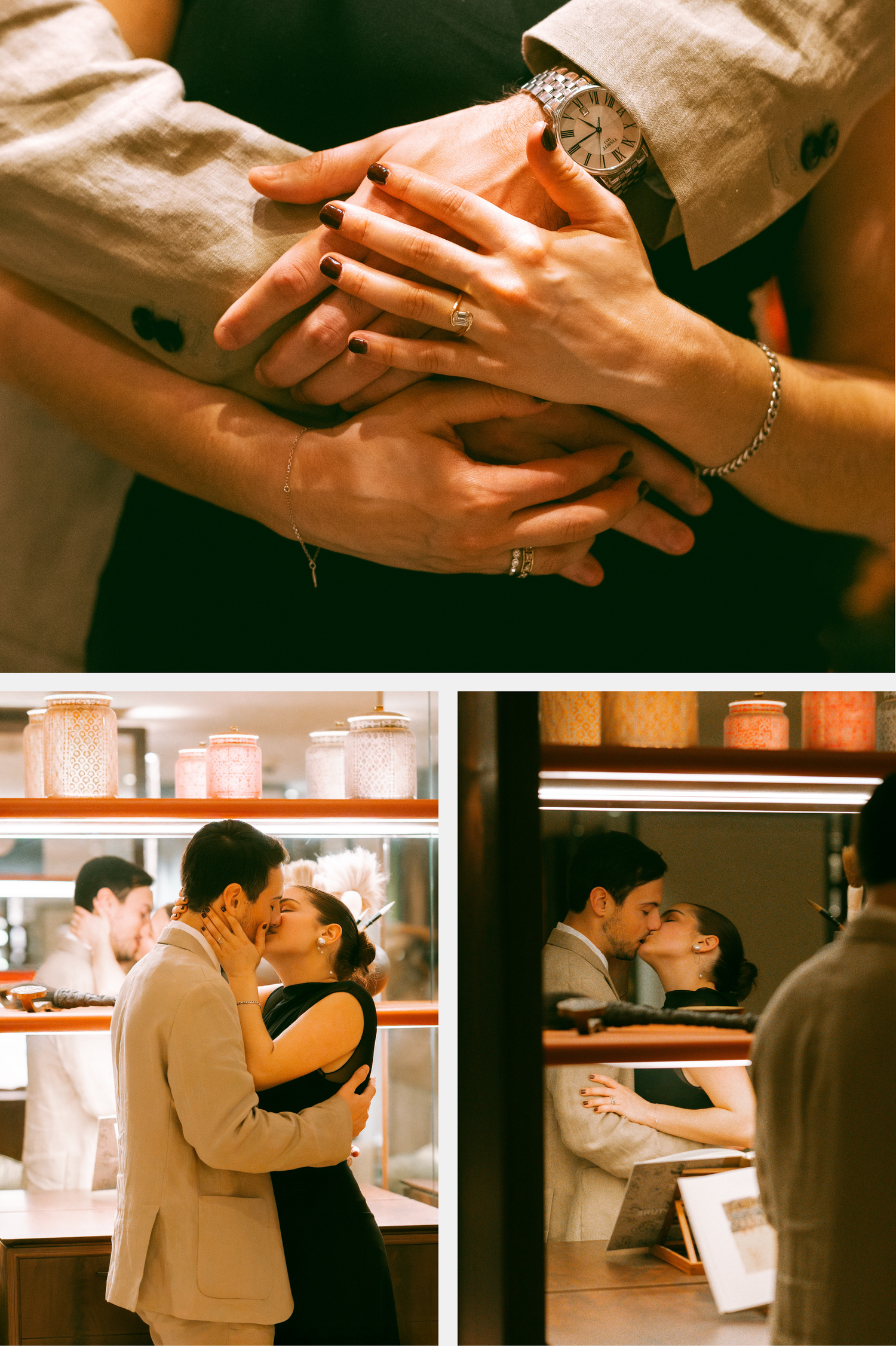 A couple shares a romantic kiss in a flower shop,  in Rosewood Hong Kong. Pre Wedding in Hong Kong. Surprise proposal in Hong Kong
