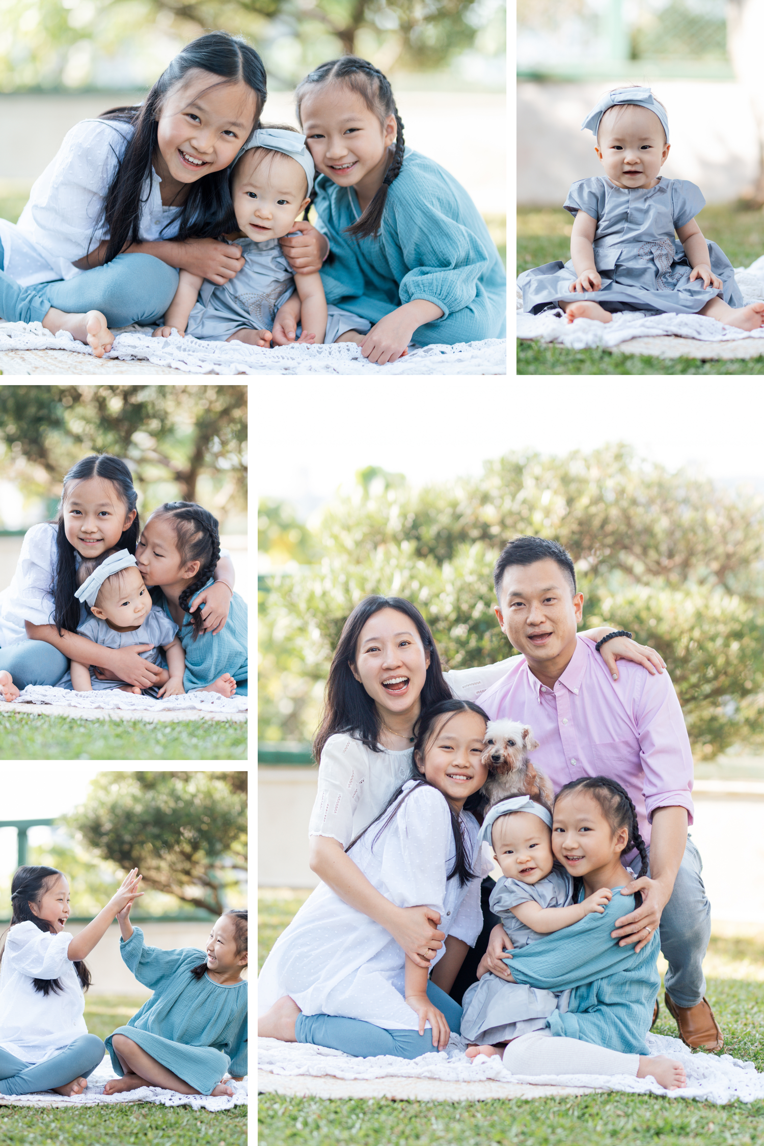 A family photo collage showing tender moments outdoors on a white blanket in a sunny park setting. Hong Kong Family Photographer