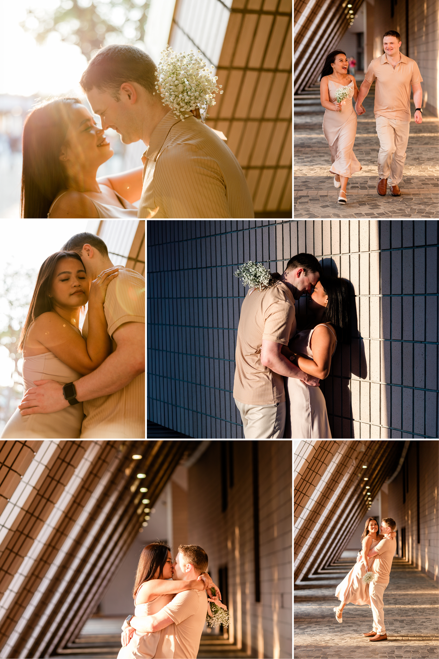 A romantic couple photo collage featuring tender moments and embraces in various outdoor locations at golden hour. Couple Session in HK