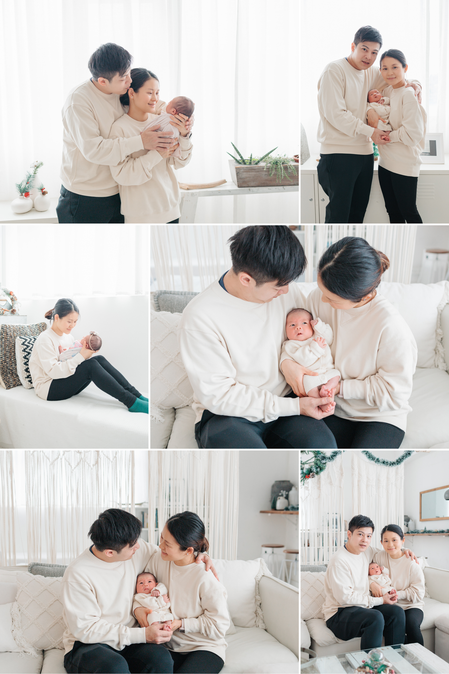 Parents in matching cream sweaters share tender moments with their newborn baby in a bright, minimalist living room setting. Newborn HK