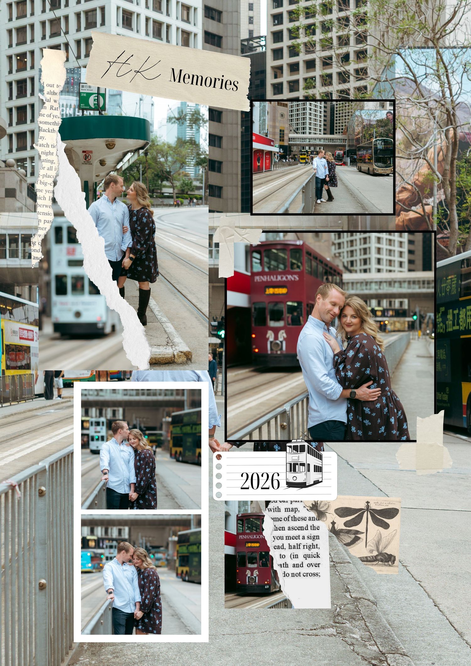 Romantic couple photo collage with Hong Kong city memories, featuring trams, urban streets, and tender embraces couple session in Hong Kong.