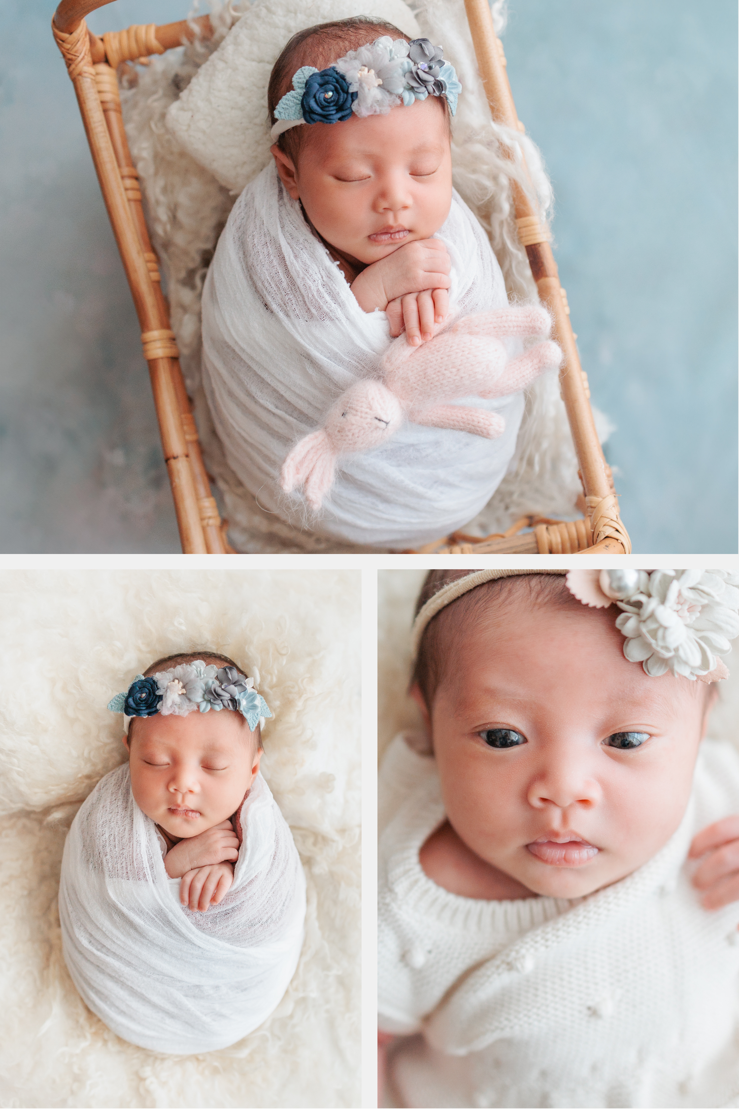 A sleeping newborn wrapped in soft white fabric with a blue floral headband laying on a cream blanket. In-home newborn session in Hong Kong