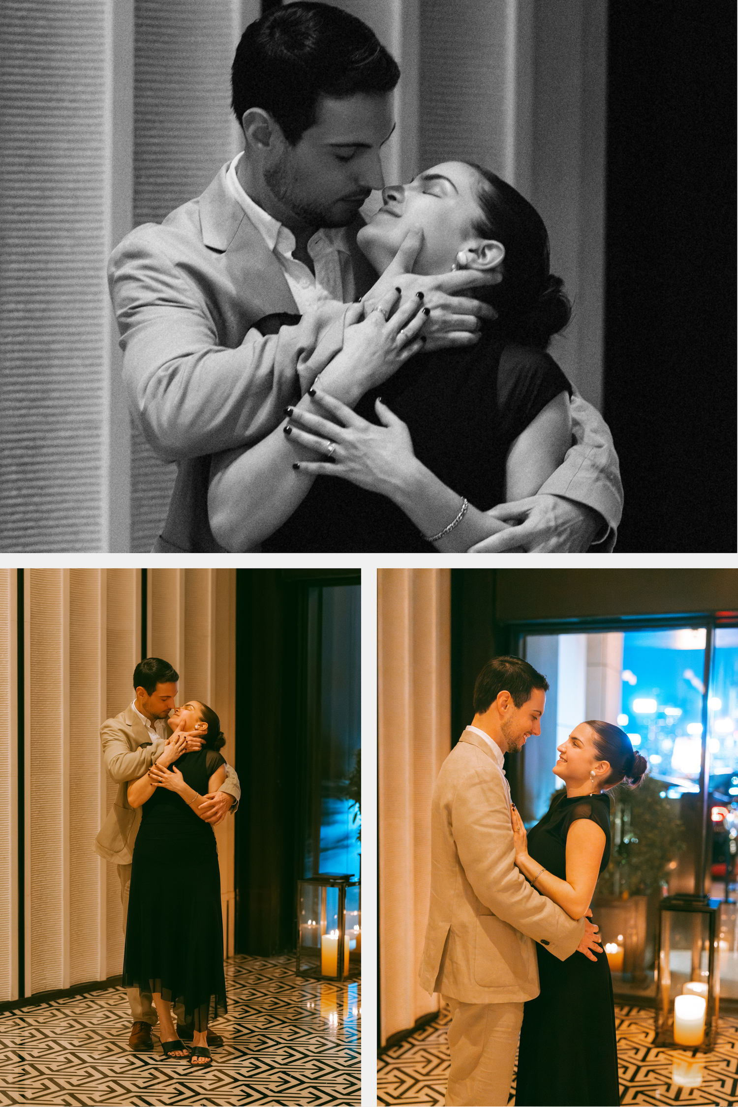 Romantic couple sharing an intimate moment, embracing and kissing in elegant evening attire at a candlelit venue in Rosewood Hong Kong