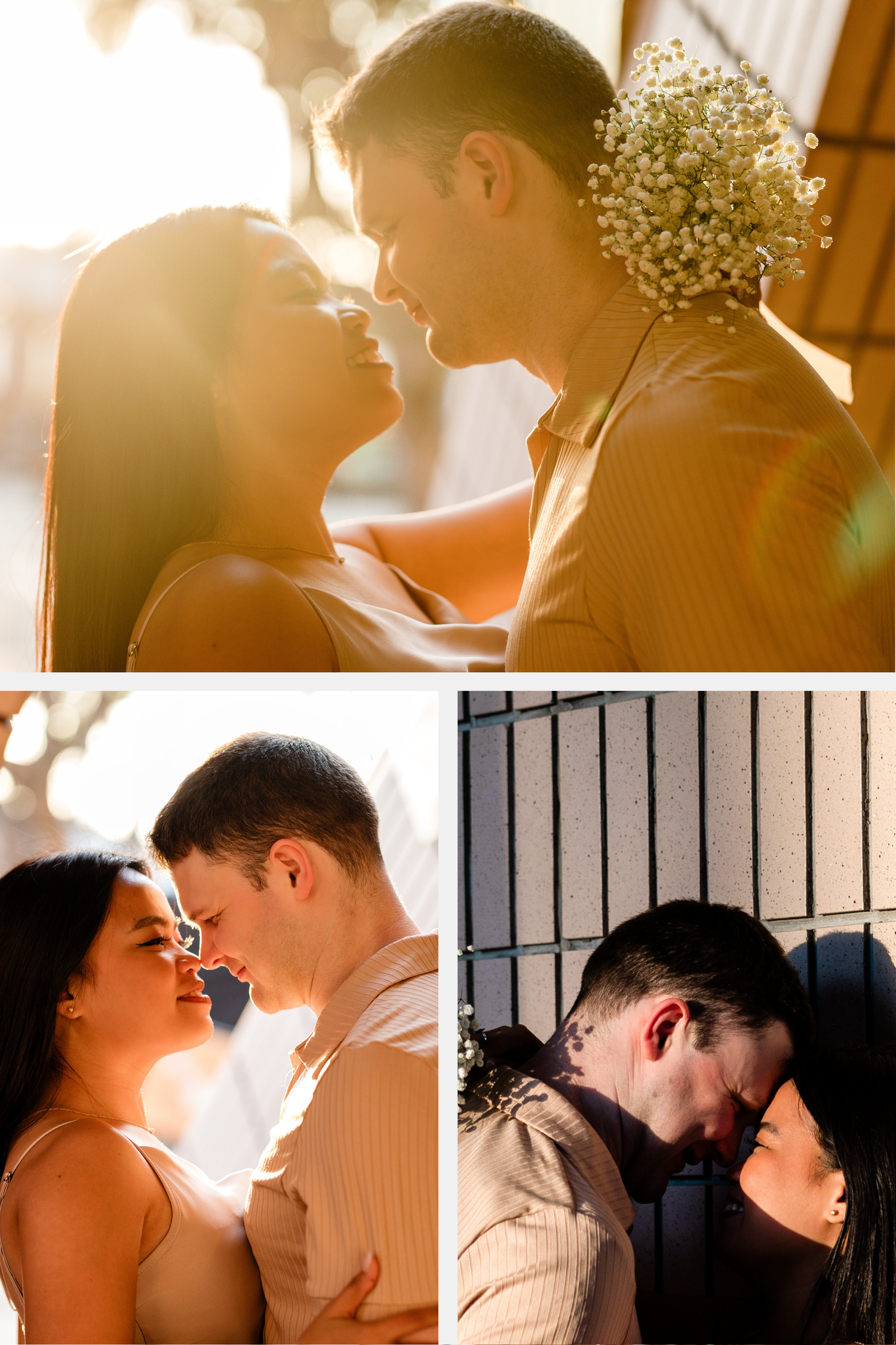 A collection of intimate lovingly close silhouetted couple portraits with warm glowing sunlight in the background. Couple Session in HK