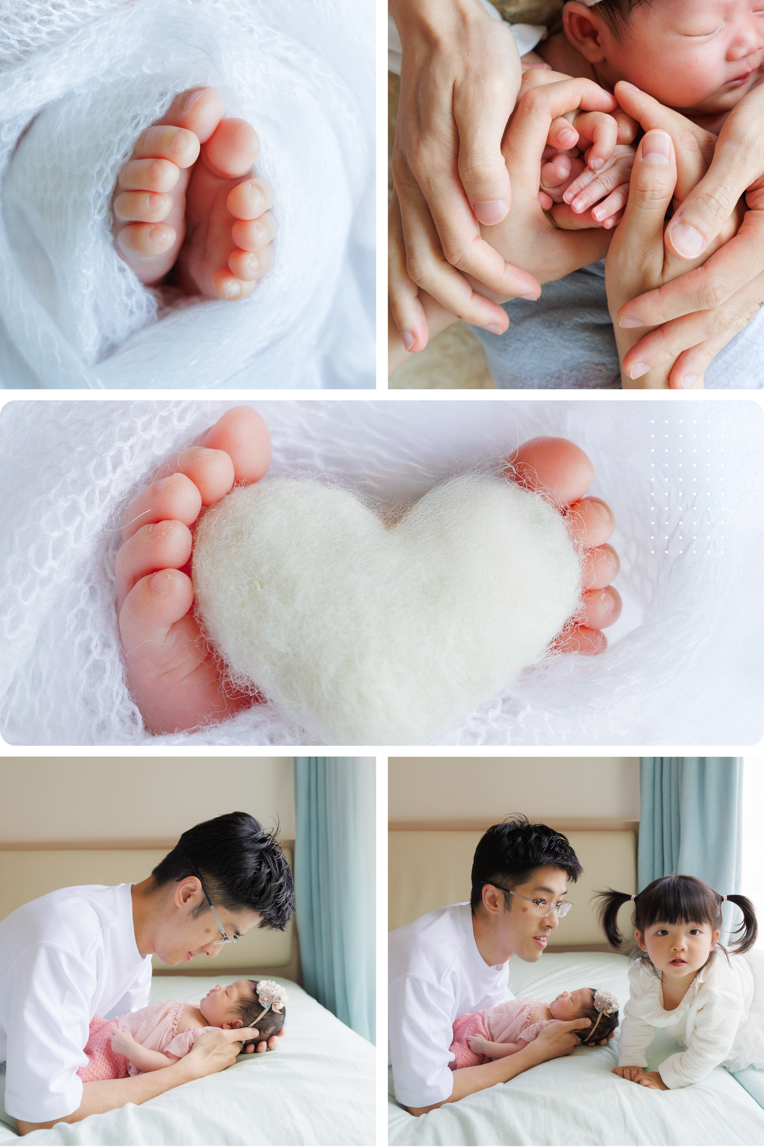 Close up photos of tiny newborn baby details including hands, feet, and sleeping poses on white blankets. Newborn Photography in Hong Kong