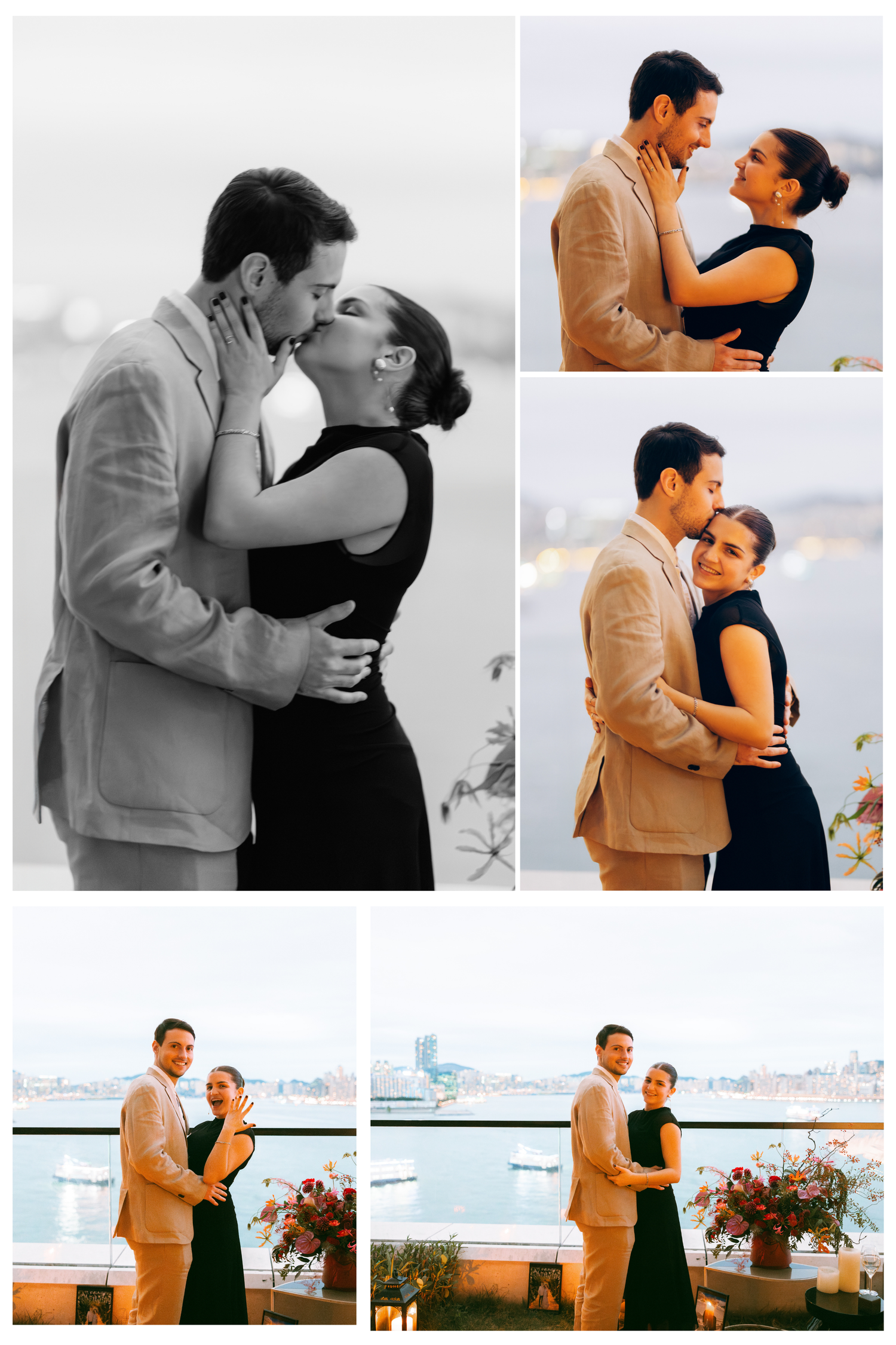Romantic couple sharing a kiss and embracing outdoors in Rosewood Hong Kong. Pre Wedding in Hong Kong. Surprise proposal in Hong Kong