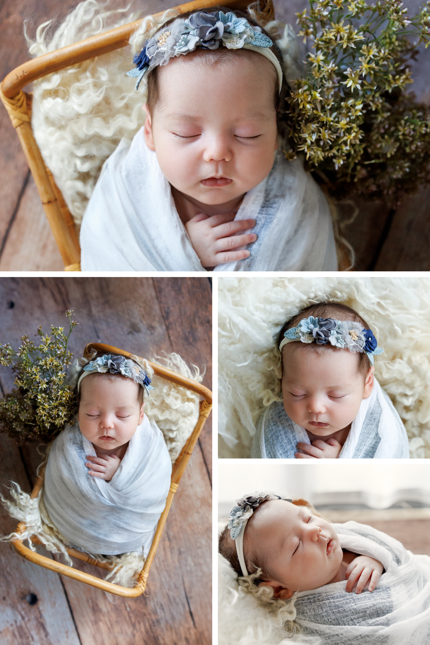 Sleeping baby in white swaddle cloth and blue floral headband photographed from different angles on rustic wooden surface. Newborn HK