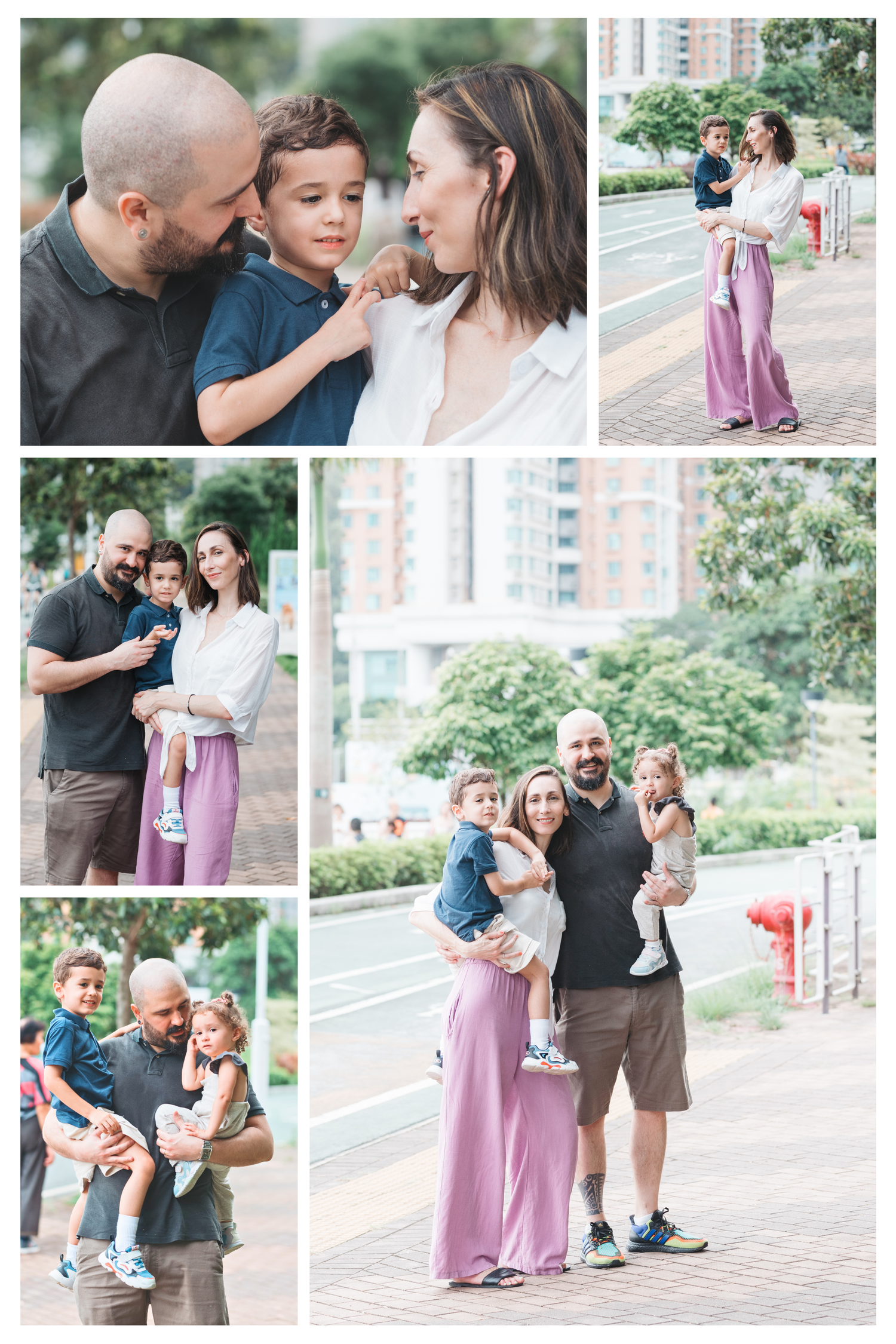 A collection of outdoor family portraits showing intimate moments and casual interactions in a city setting. Family Photographer in HK