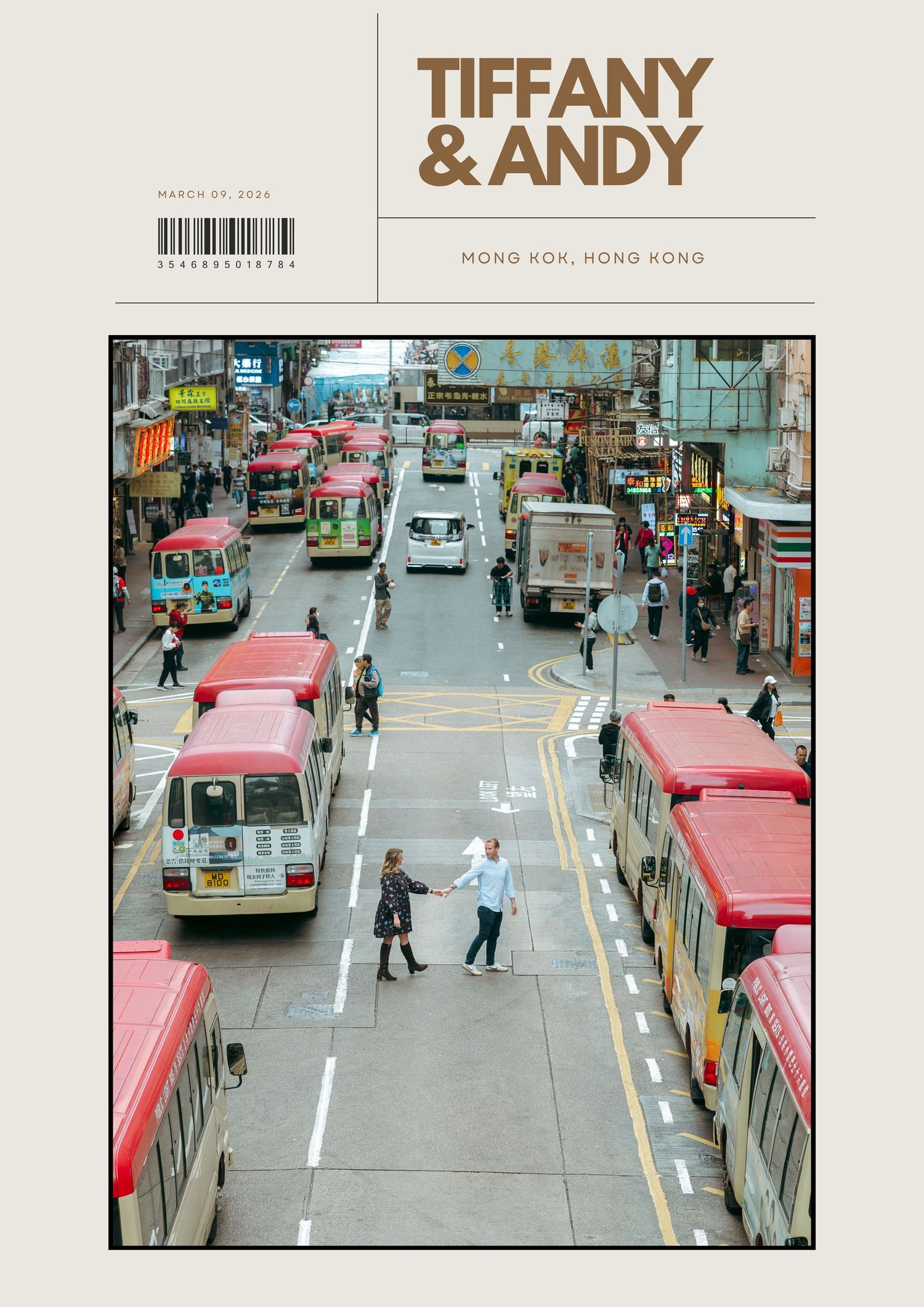 Tiffany and Andy's engagement photo poster in Mong Kok, Hong Kong, featuring a busy street with red minibuses. couple session in Hong Kong.