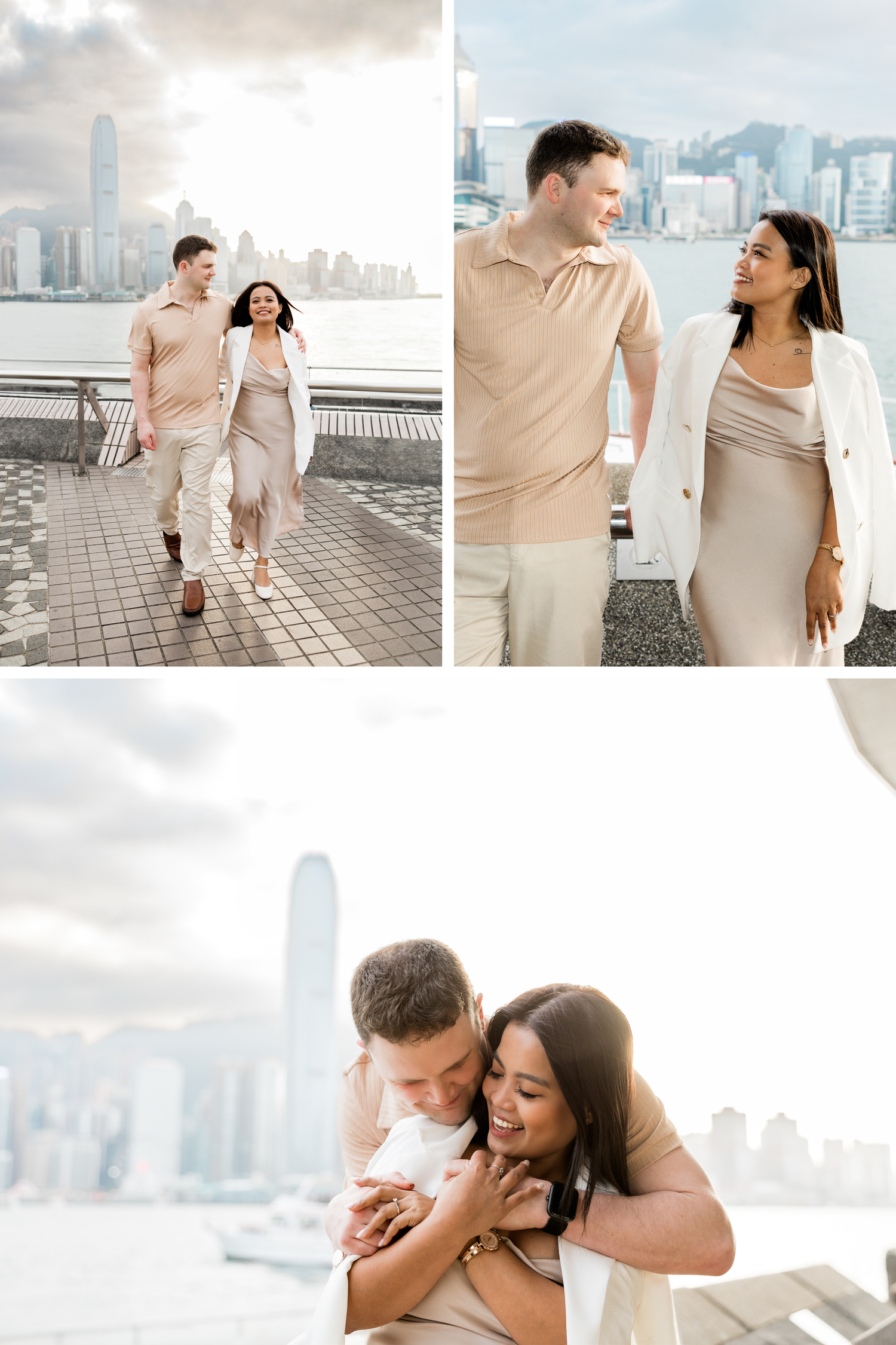 A couple shares intimate moments against Hong Kong's iconic skyline during an engagement photoshoot at sunset. Couple Session in Hong Kong