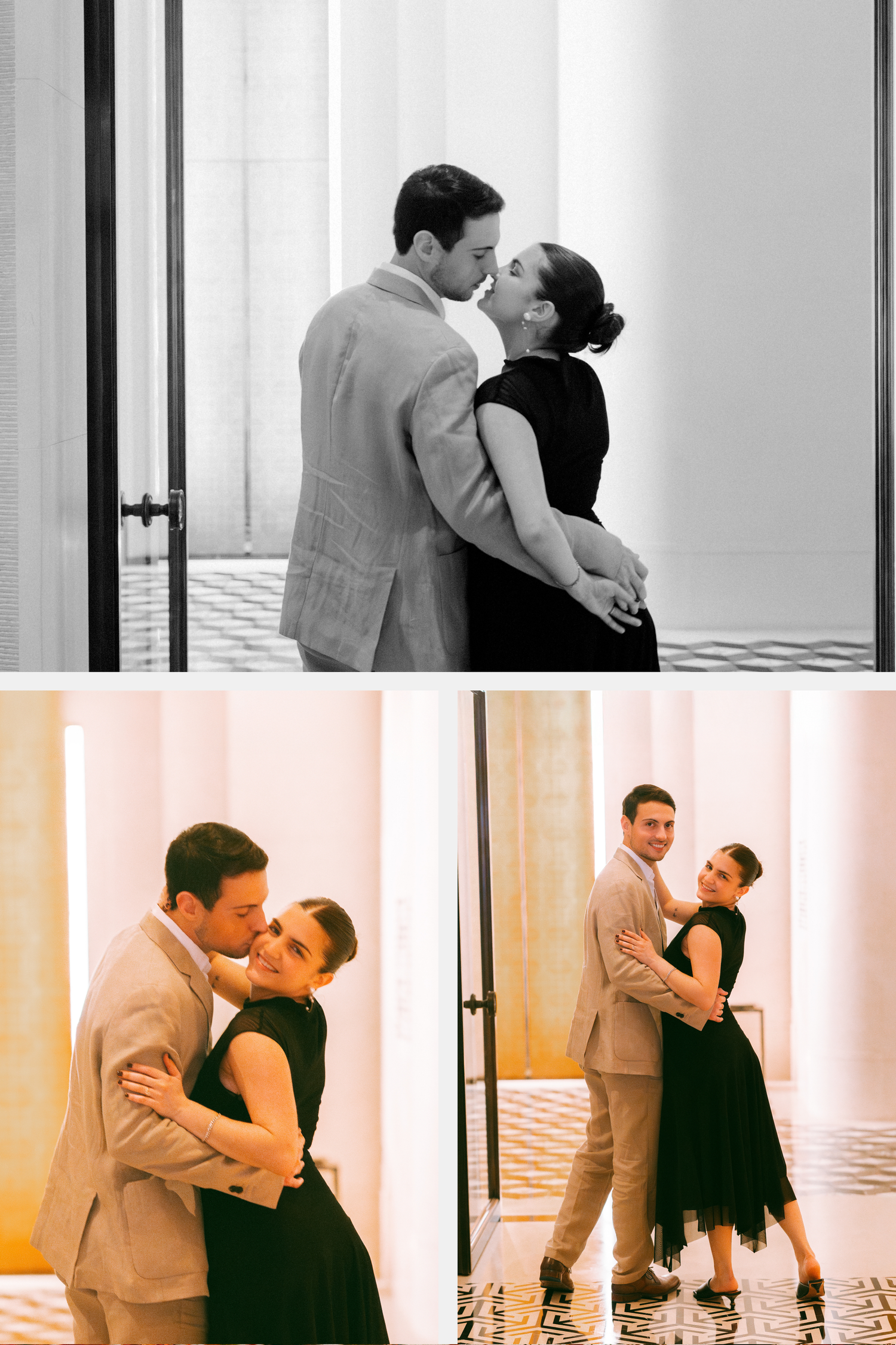 Elegant couple in formal attire sharing a romantic embrace in Rosewood Hong Kong. Pre Wedding in Hong Kong. Surpise proposal in Hong Kong