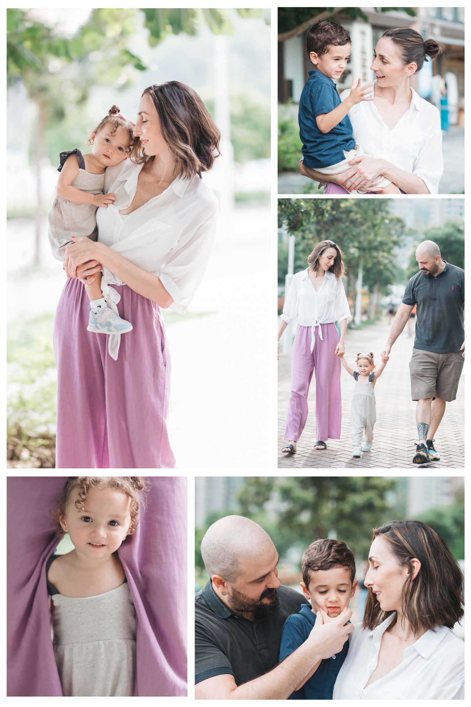 A heartwarming collage of intimate family moments captured outdoors in soft, natural lighting with muted pastel tones. Family Photographer