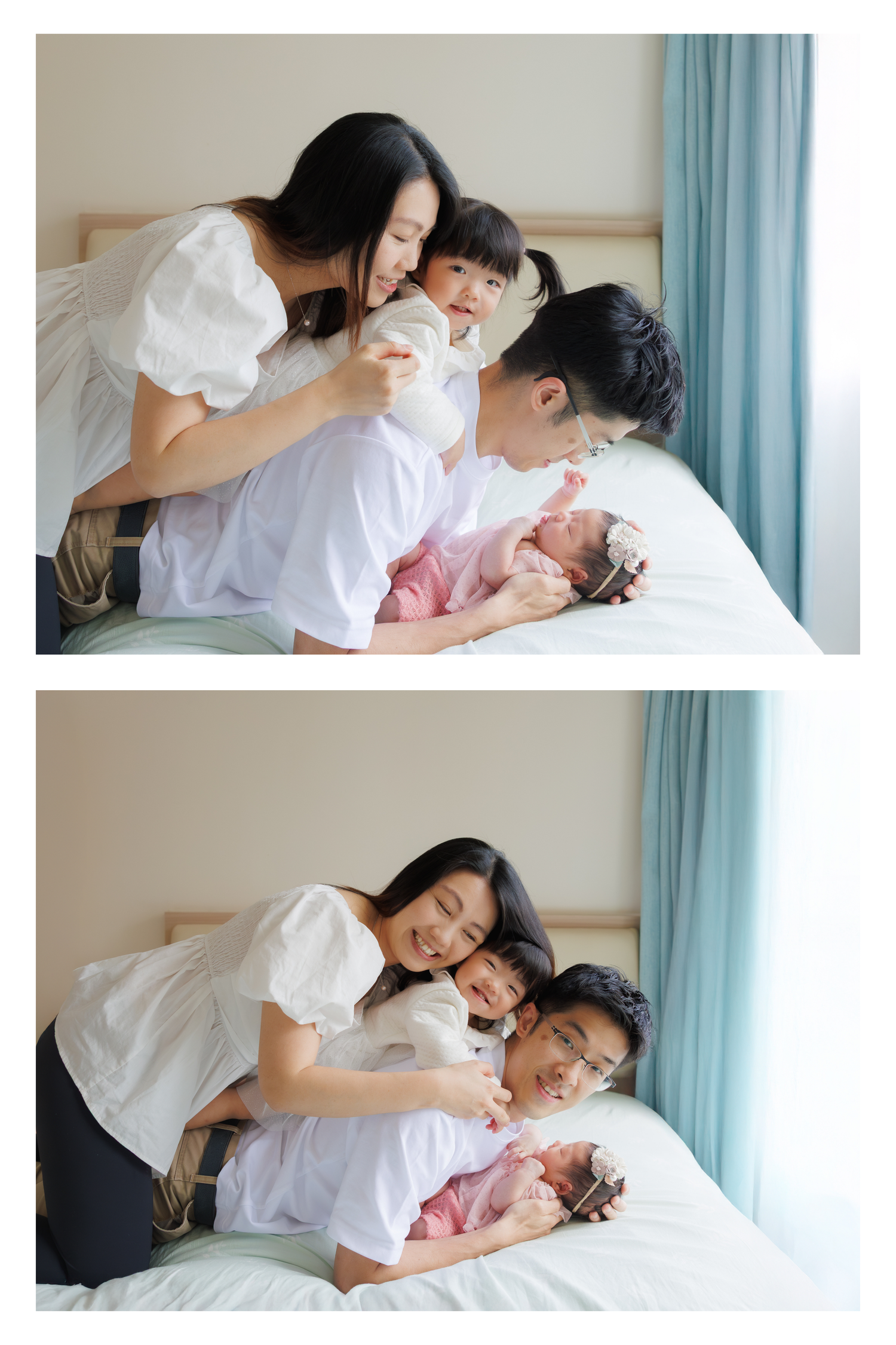 Family members sharing tender moments with sleeping newborn baby on white bedding in peaceful bedroom setting. Newborn Photography in HK