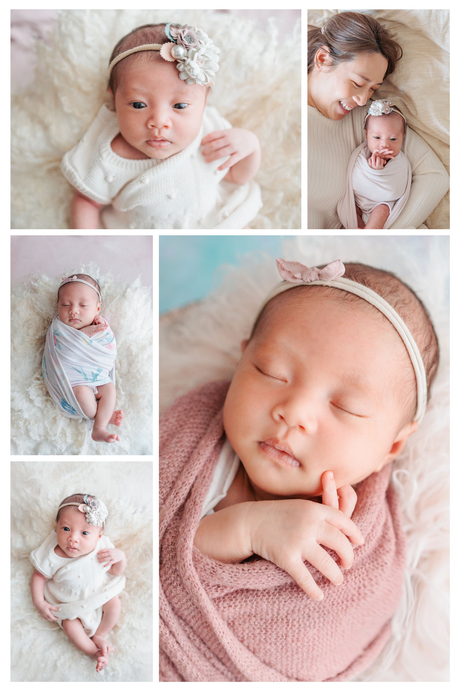 A newborn baby in cozy white and pink outfits is photographed in multiple sleeping poses against soft backgrounds. In-home newborn session