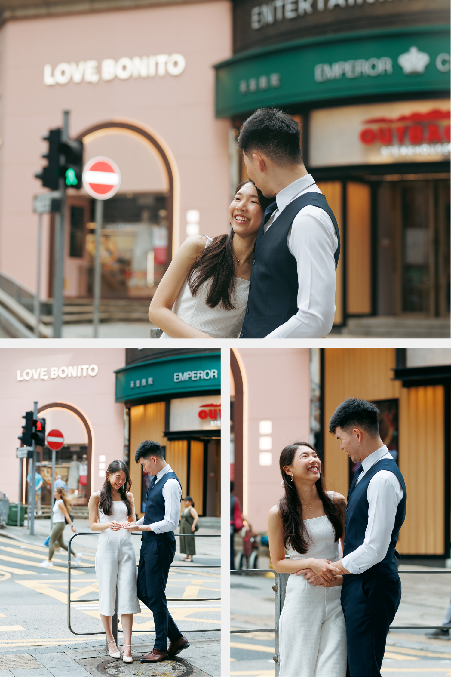 A romantic engagement photo shoot series with emotion-filled moments in an outdoor shopping area. Couple Photoshoot in Hong Kong