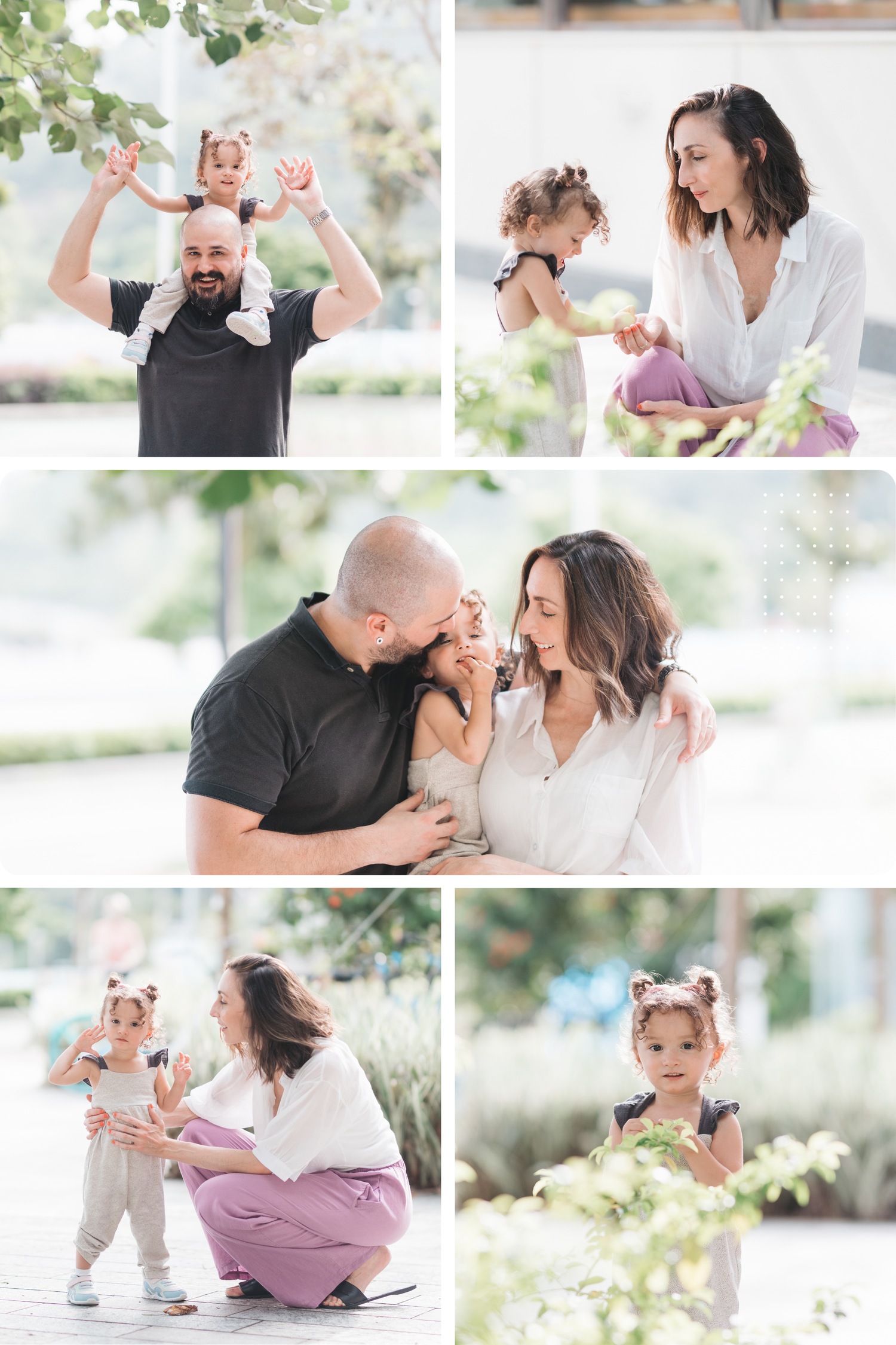 Family enjoying a playful outdoor photoshoot session in a bright natural setting with white and soft pink outfits. Family Photographer