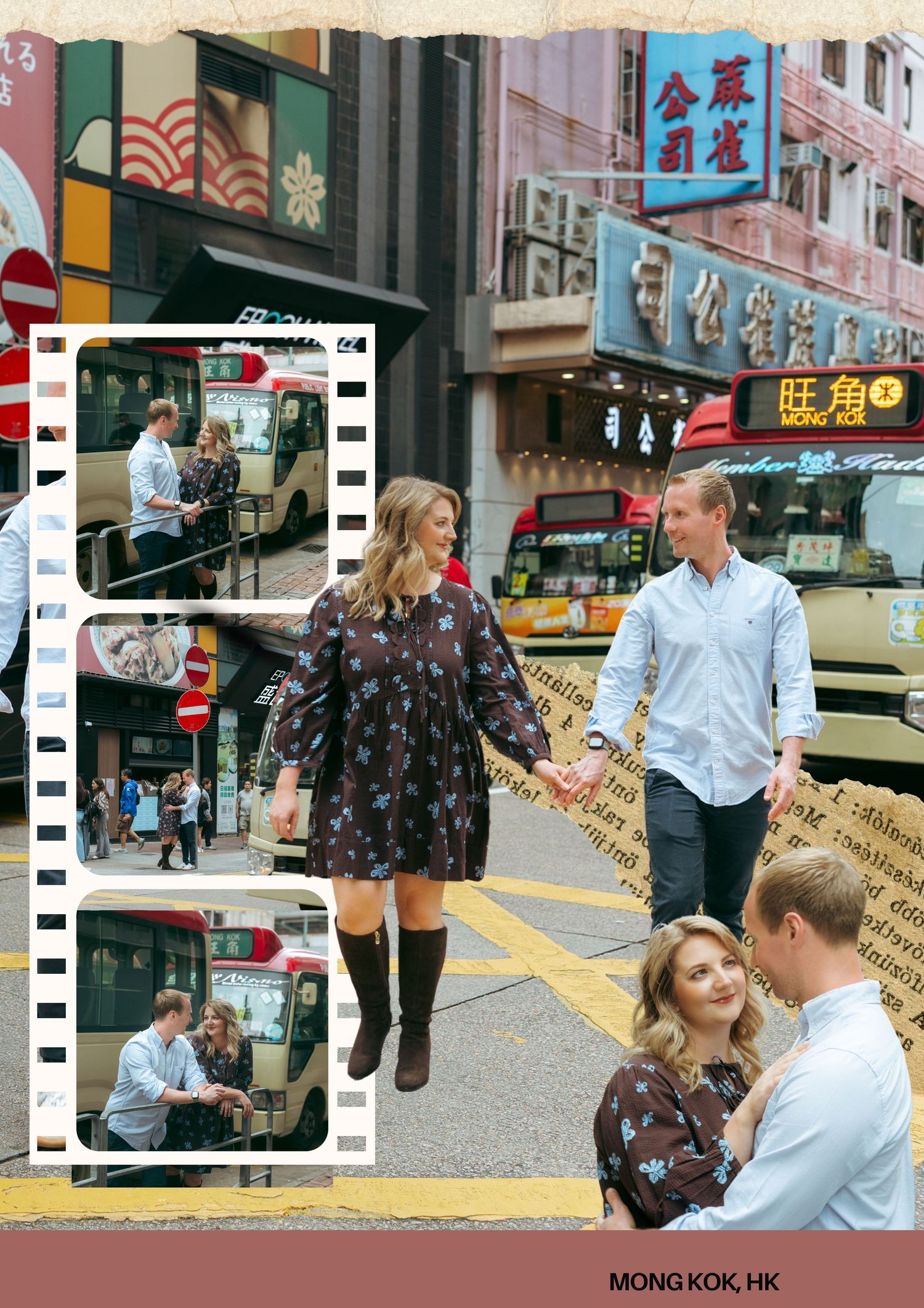 Couple holding hands walking streets of Mong Kok Hong Kong with Chinese signs and buses in background. couple session in Hong Kong.