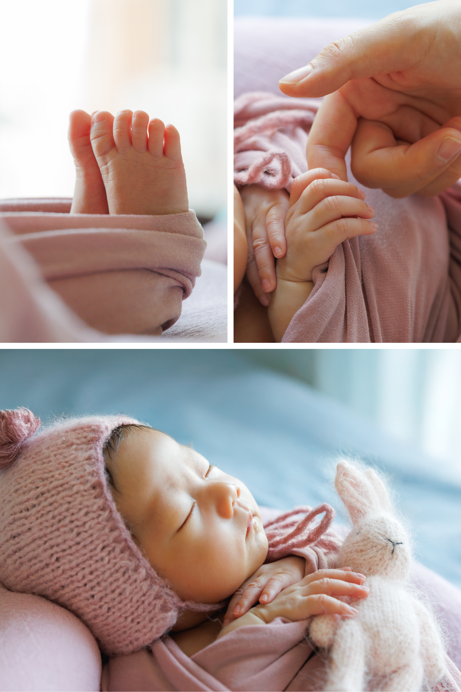 Close-up shots of tiny baby feet, hands and sleeping newborn in soft pink knitted clothing against pastel backgrounds. Newborn Photography