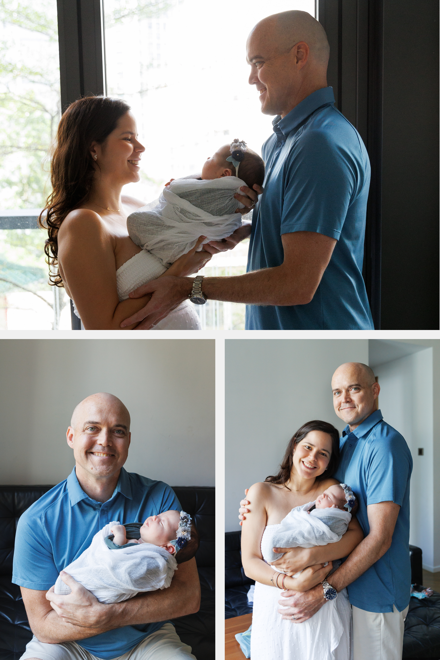 A tender series of moments showing individuals bonding with a newborn baby in a naturally lit indoor setting. Newborn Photographer in HK