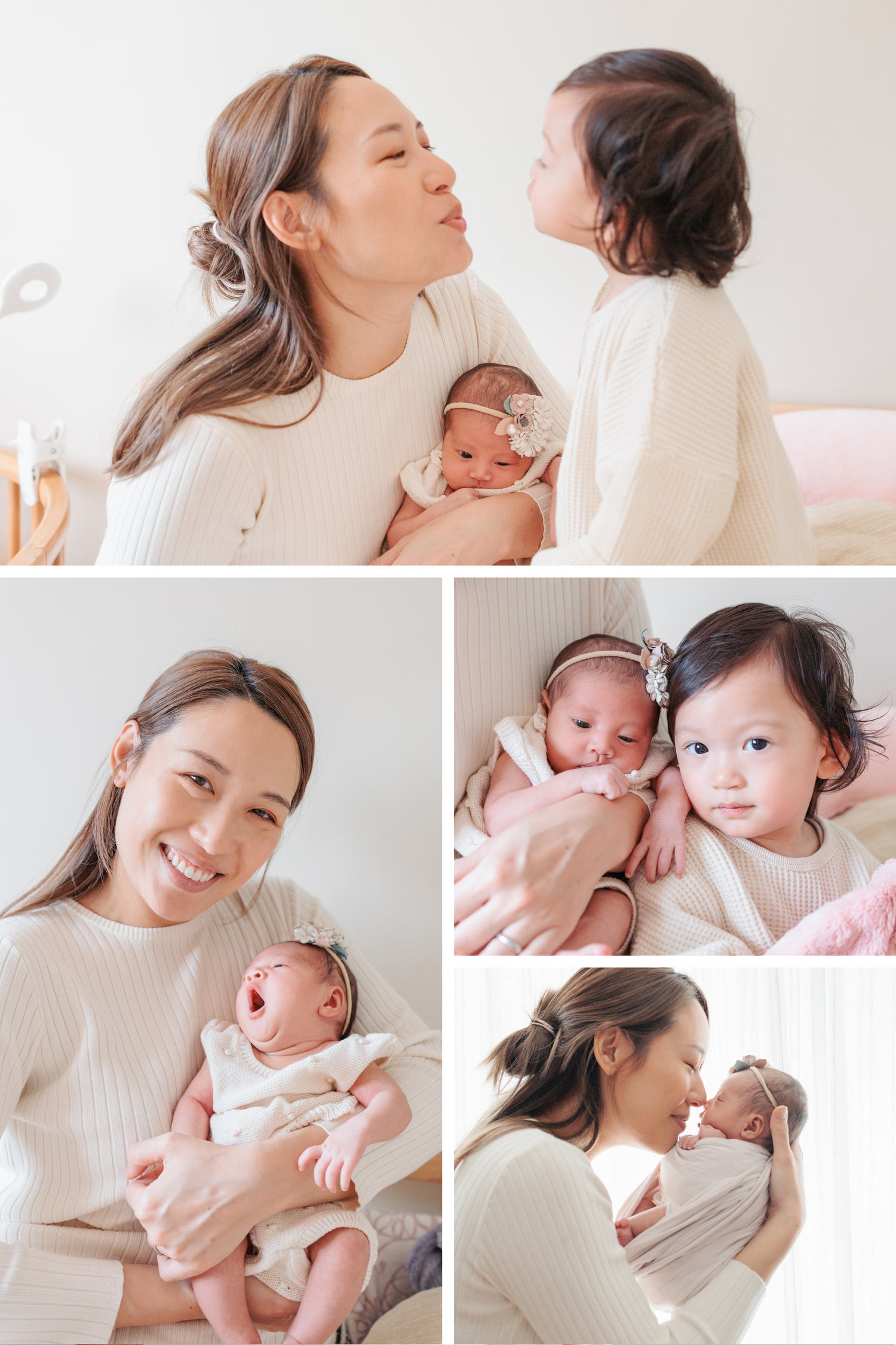 A tender collage of intimate moments between a parent and newborn baby wearing white, capturing nurturing bonding time together.