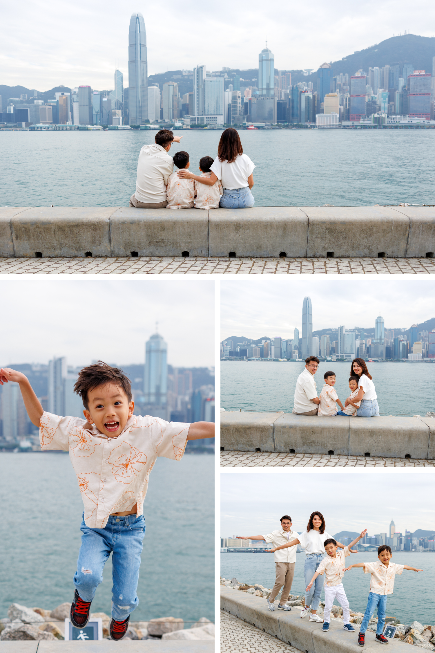 Family enjoying scenic Hong Kong harbor view at waterfront promenade with iconic skyline in background. Hong Kong Family Photographer