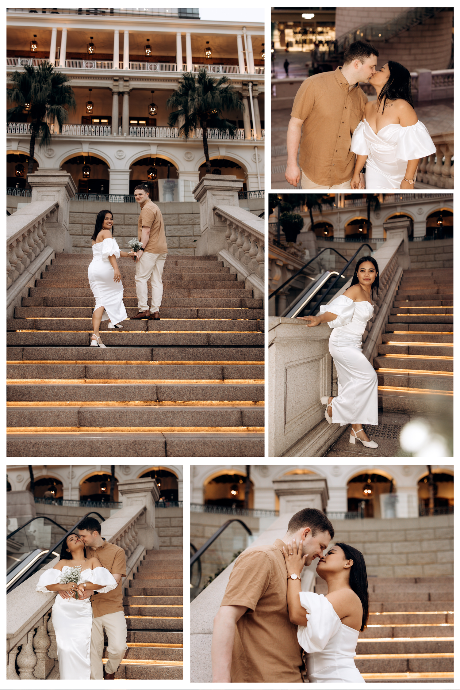 A couple shares tender moments on stone steps in a classic architectural setting with arches and white columns. Couple Session in Hong Kong