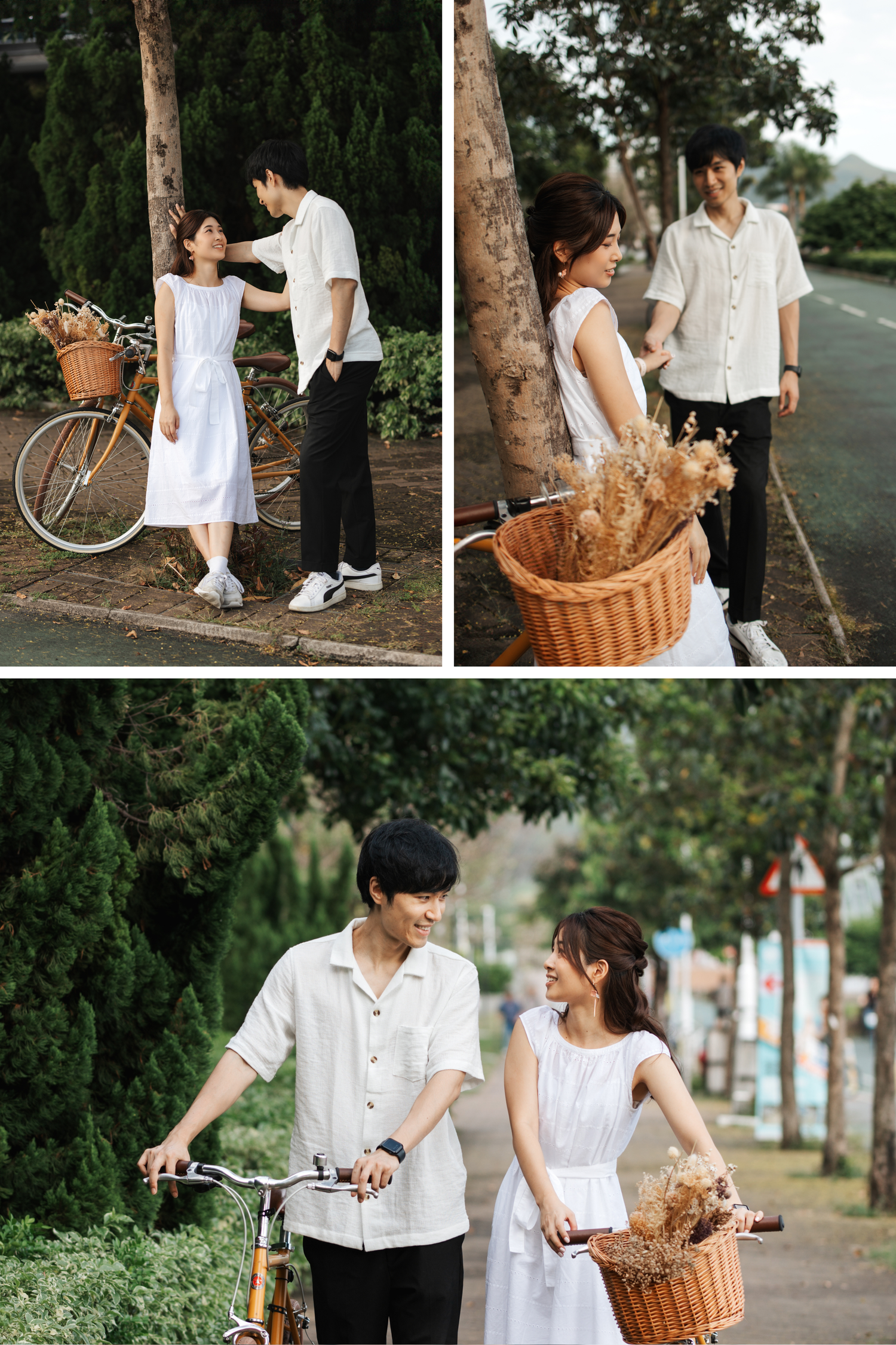 Couple enjoying a romantic stroll with a vintage bicycle and wicker basket on a tree-lined pathway. Couple Photoshoot in Hong Kong