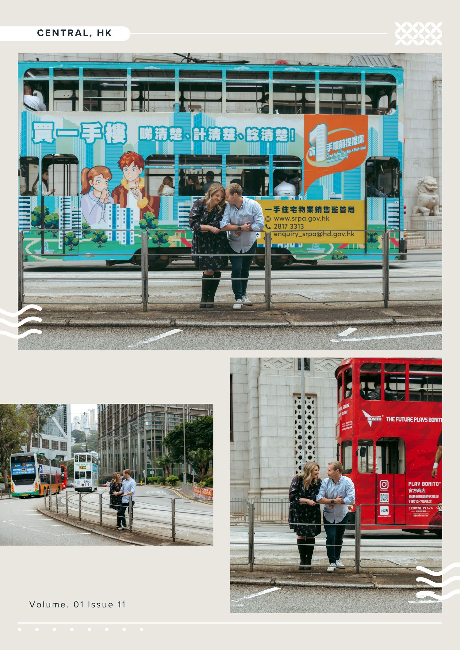 Tourists stand beside a colorful double-decker tram in Central, Hong Kong, with red buses and city streets visible nearby. couple session