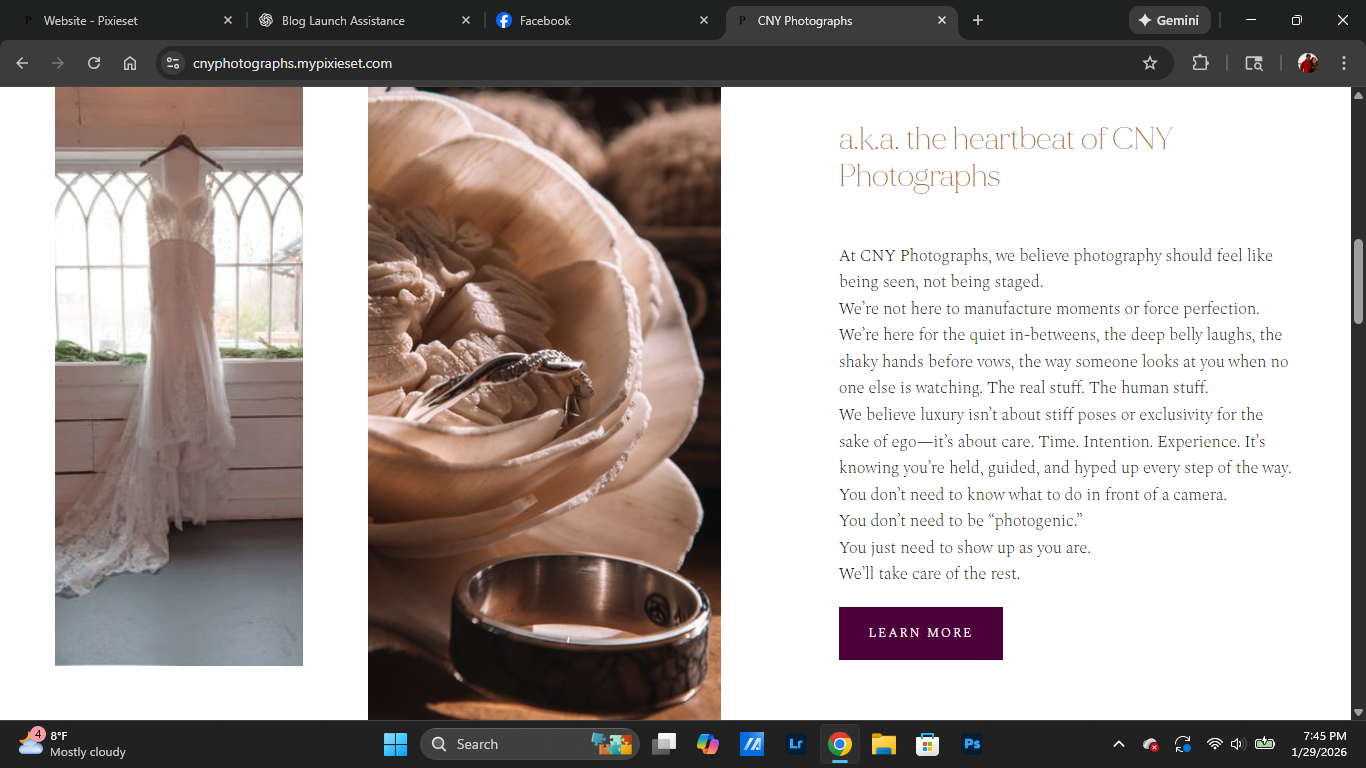 Professional photography website homepage featuring elegant wedding dress and business description.