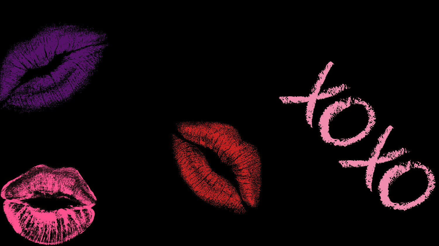 Three colorful lip prints in purple, red, and pink on black background with pink glitter XOXO text.