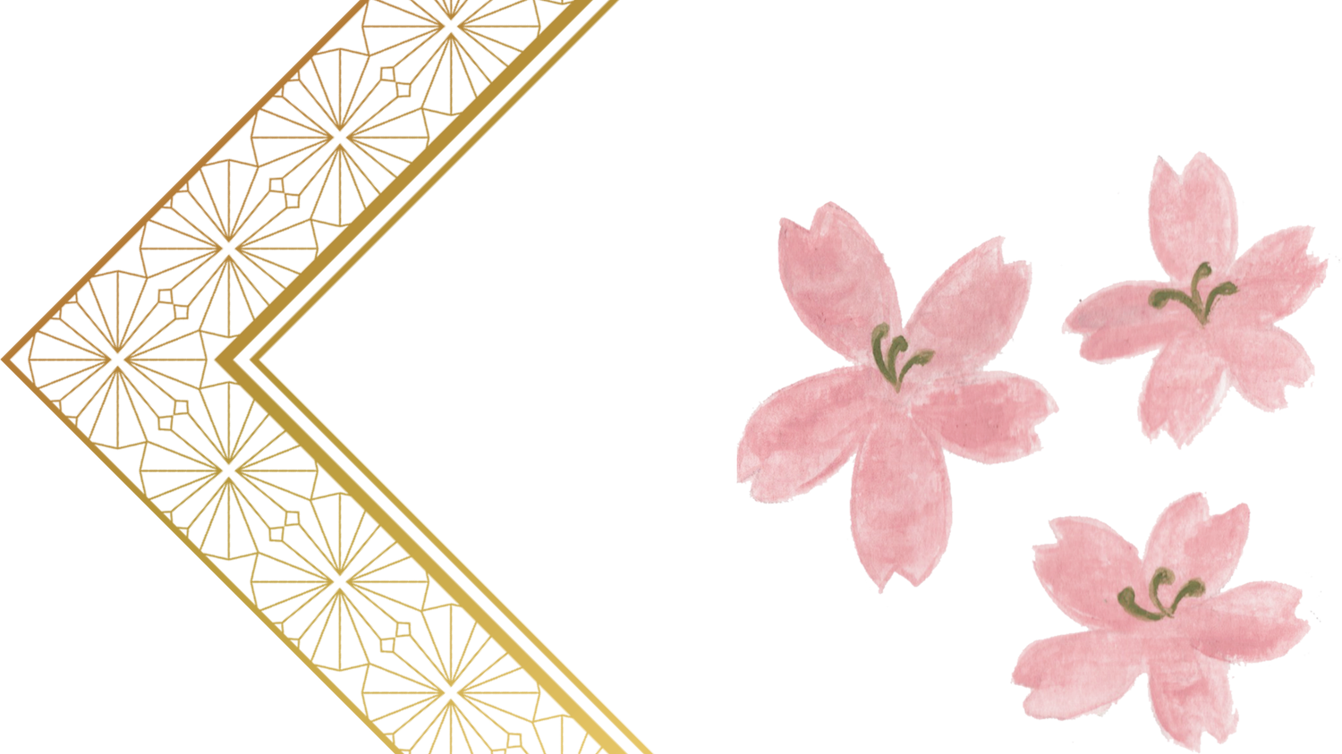Elegant Japanese-inspired design with gold geometric frame and pink cherry blossom flowers.