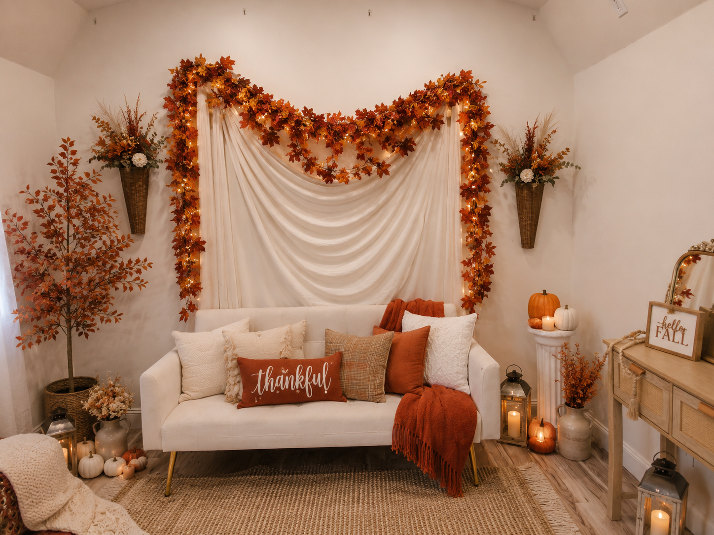 Cozy fall living room with white sofa, orange pillows, autumn leaf garland, candles, and warm Thanksgiving decor.