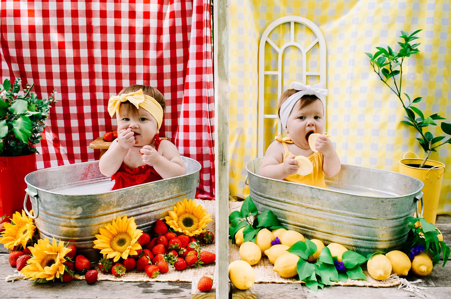Baby girl sitting in a vintage metal tub surrounded by strawberries and lemons in a split photo.