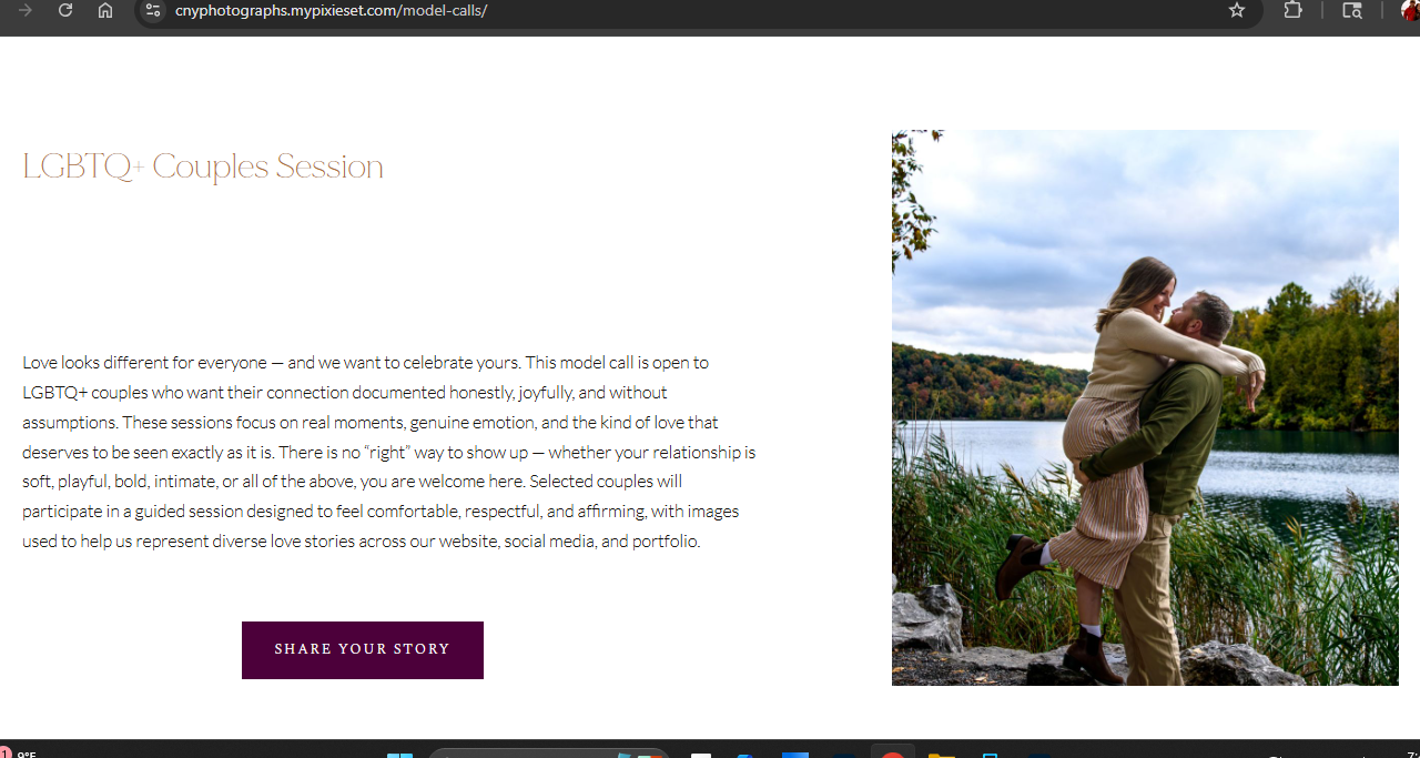 CNY Photography LGBTQ couples session webpage featuring couple embracing near scenic waterfront.