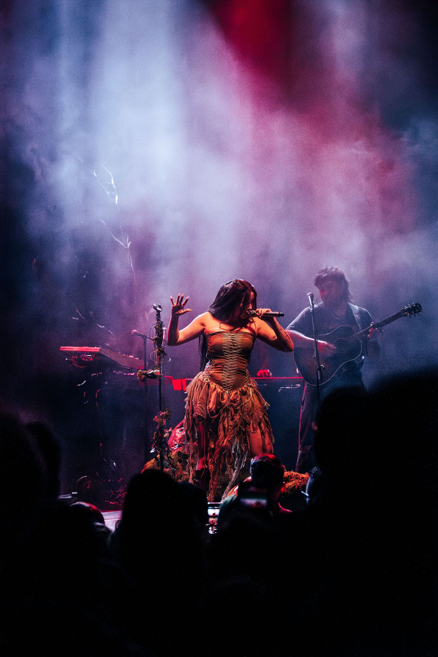 A dramatic silhouette of a performer dancing on stage with smoky red and purple lighting effects in the background.