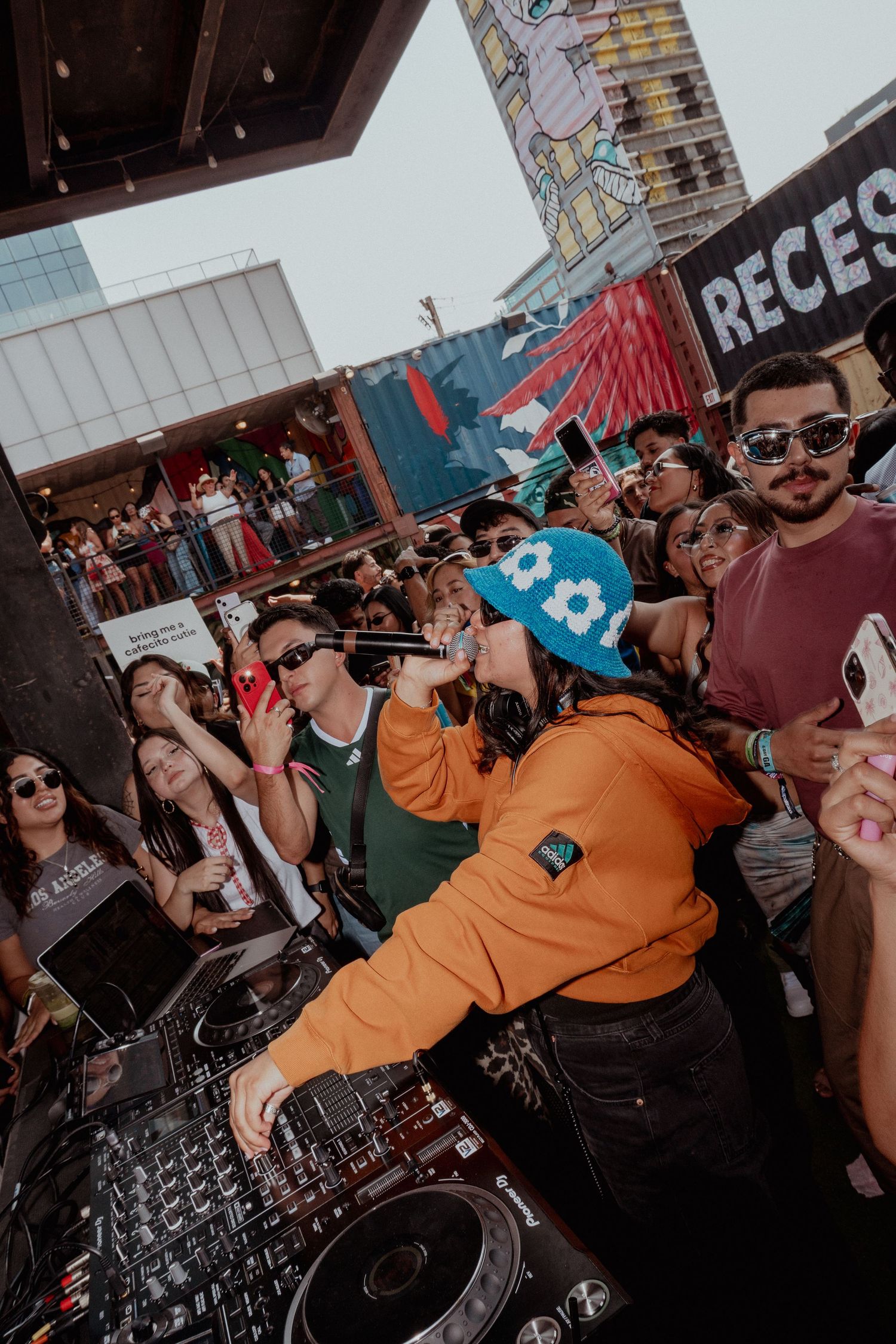 DJ performing at an outdoor event with energetic crowd.