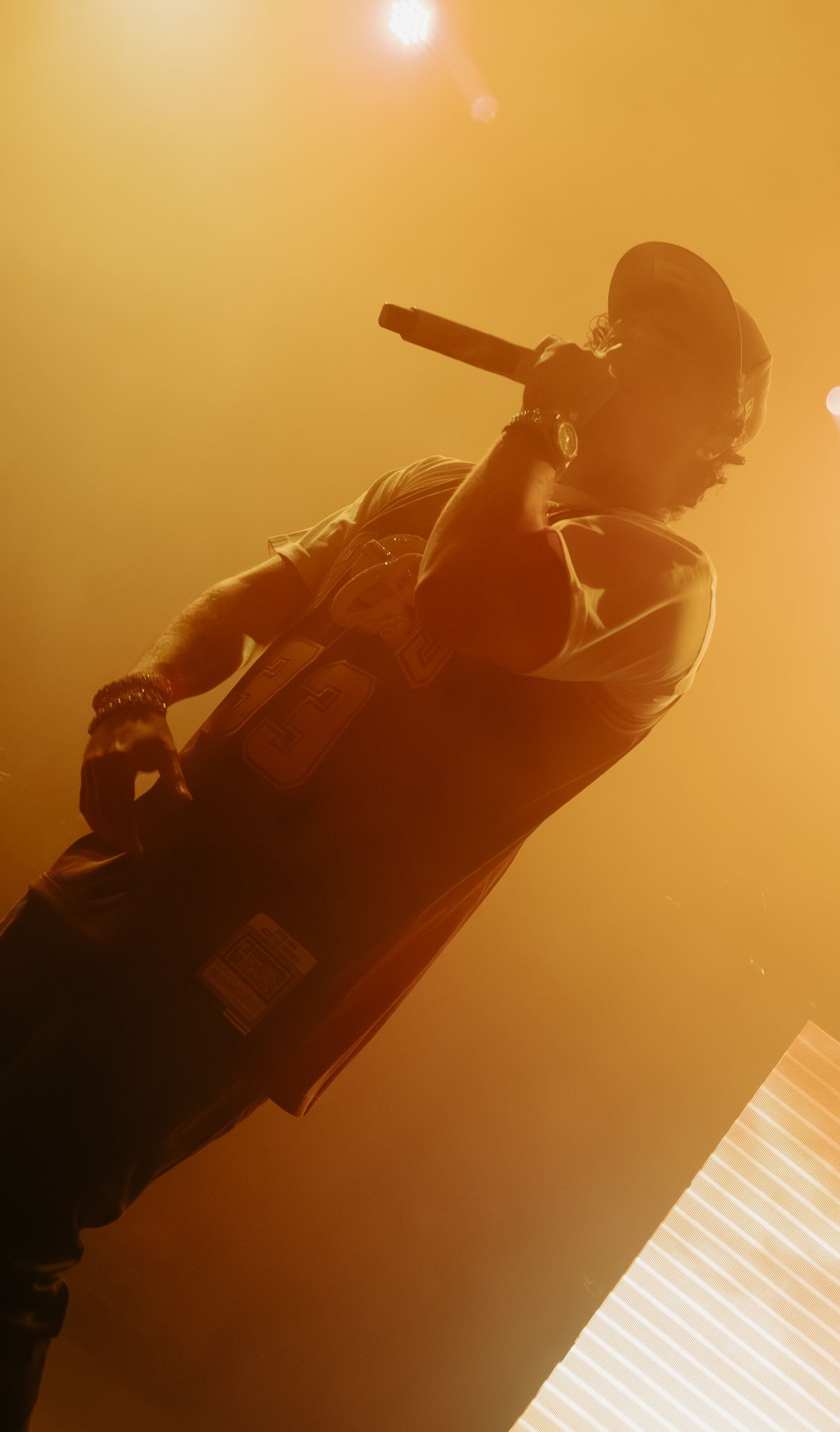 Performer silhouetted against warm amber lighting holds microphone during concert performance.