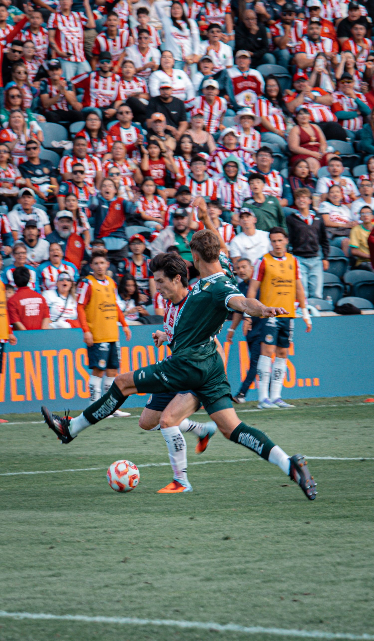Goalkeeper in dark uniform makes diving save during soccer match.