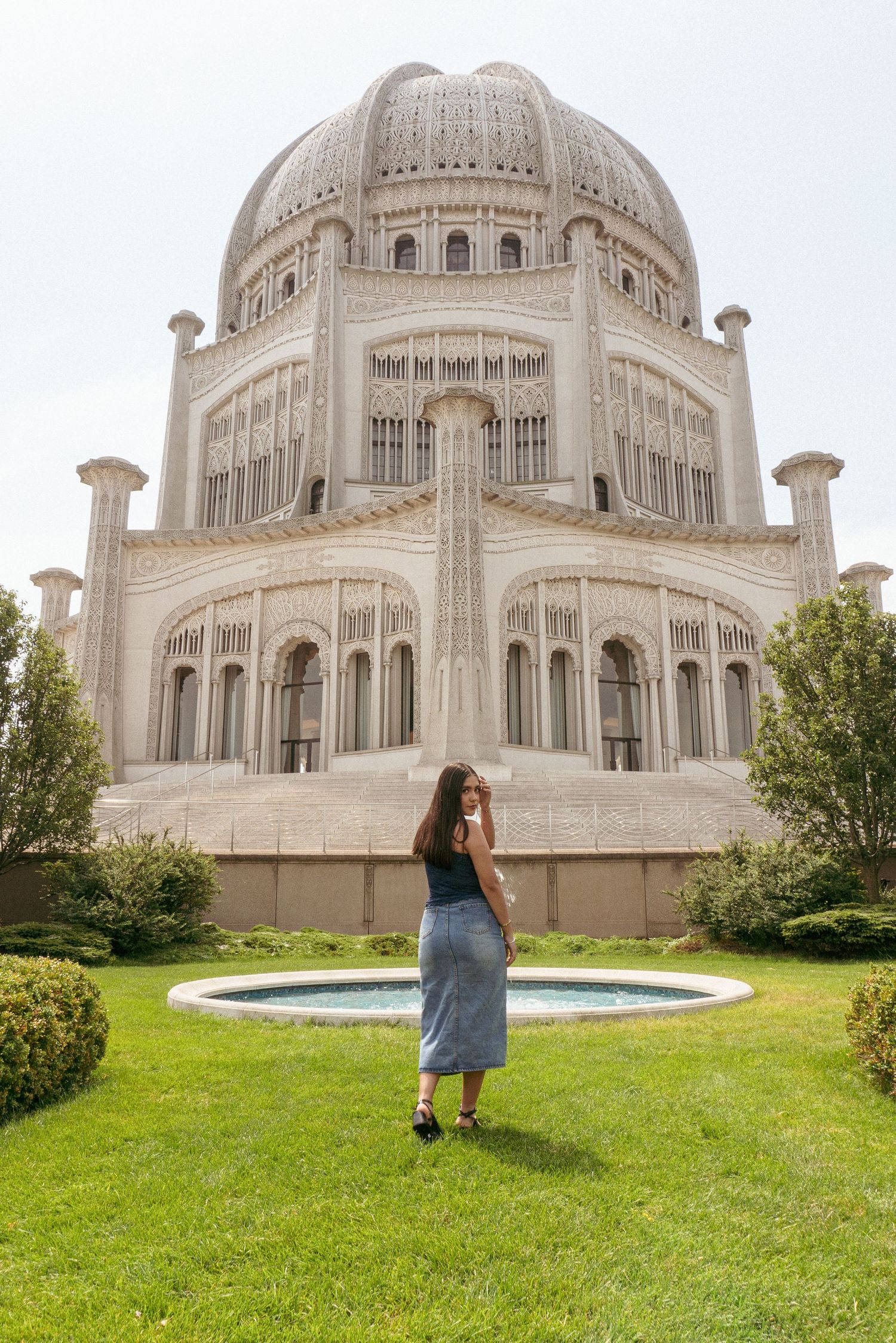 Architectural shots of the Baha'i Temple in Chicago showing its ornate dome and grounds.