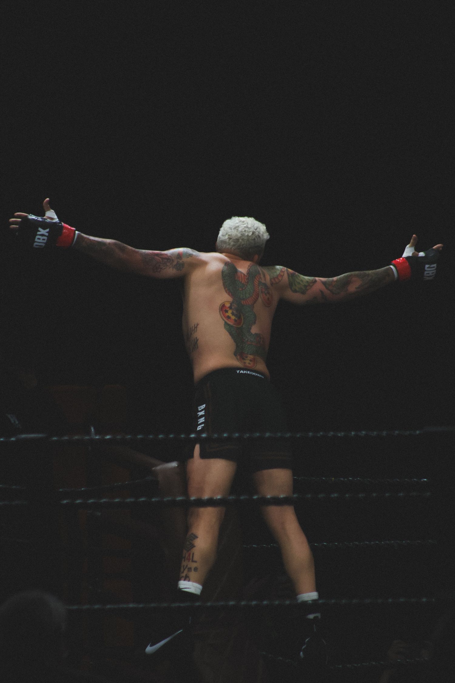 A tattooed boxer with bleached hair performs a dramatic pose in the ring.