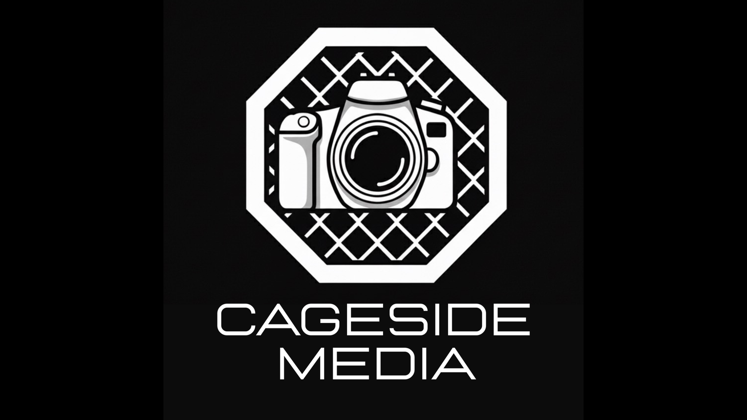 Stylized black and white media company logo with octagonal frame and camera elements.